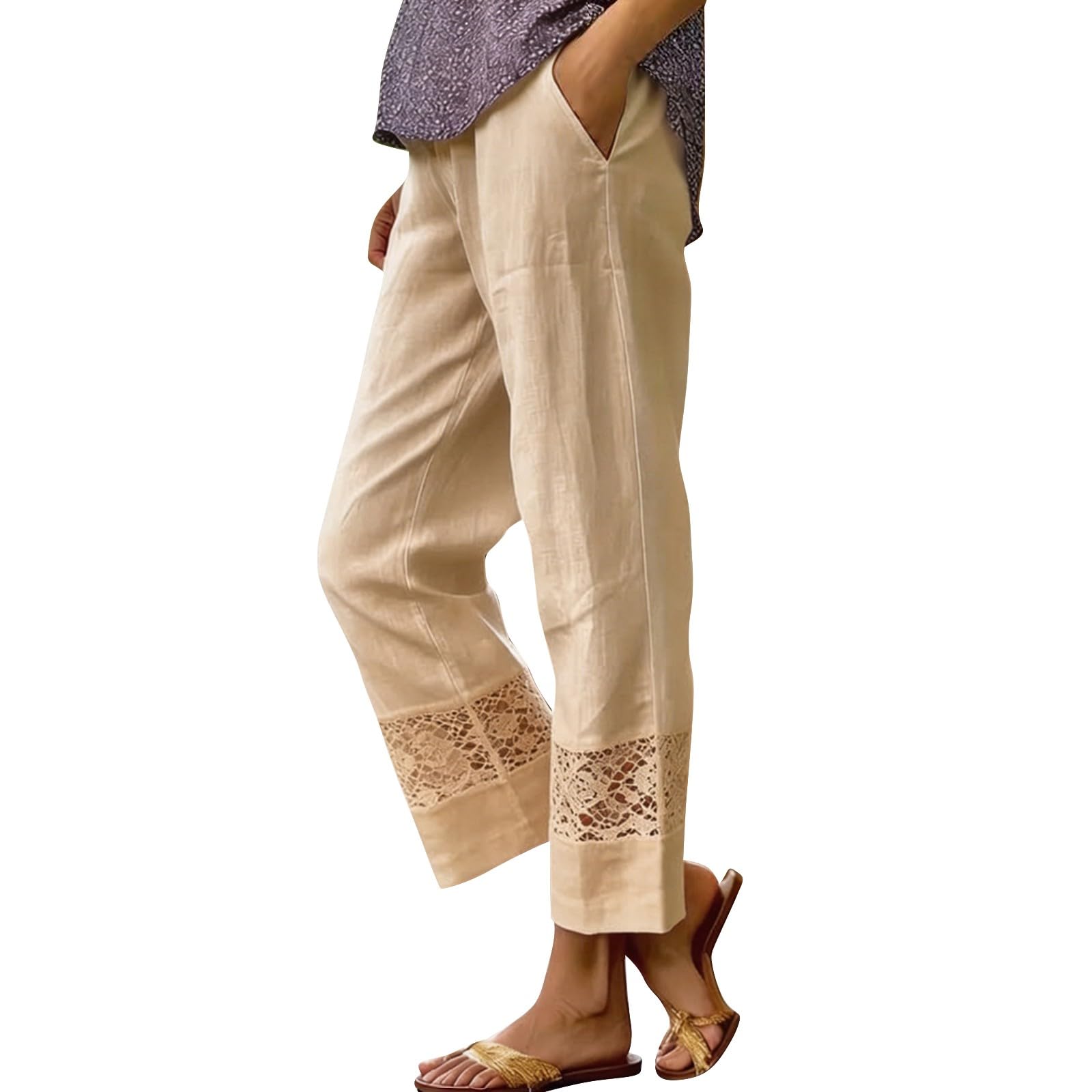 Generisch Pantalon d'été léger pour femme - Taille haute - Léger et aéré - Pantalon de loisirs en lin Lyocell - Avec cordon de serrage - Élégant pantalon en tissu - Ample - Décontracté - Pour les