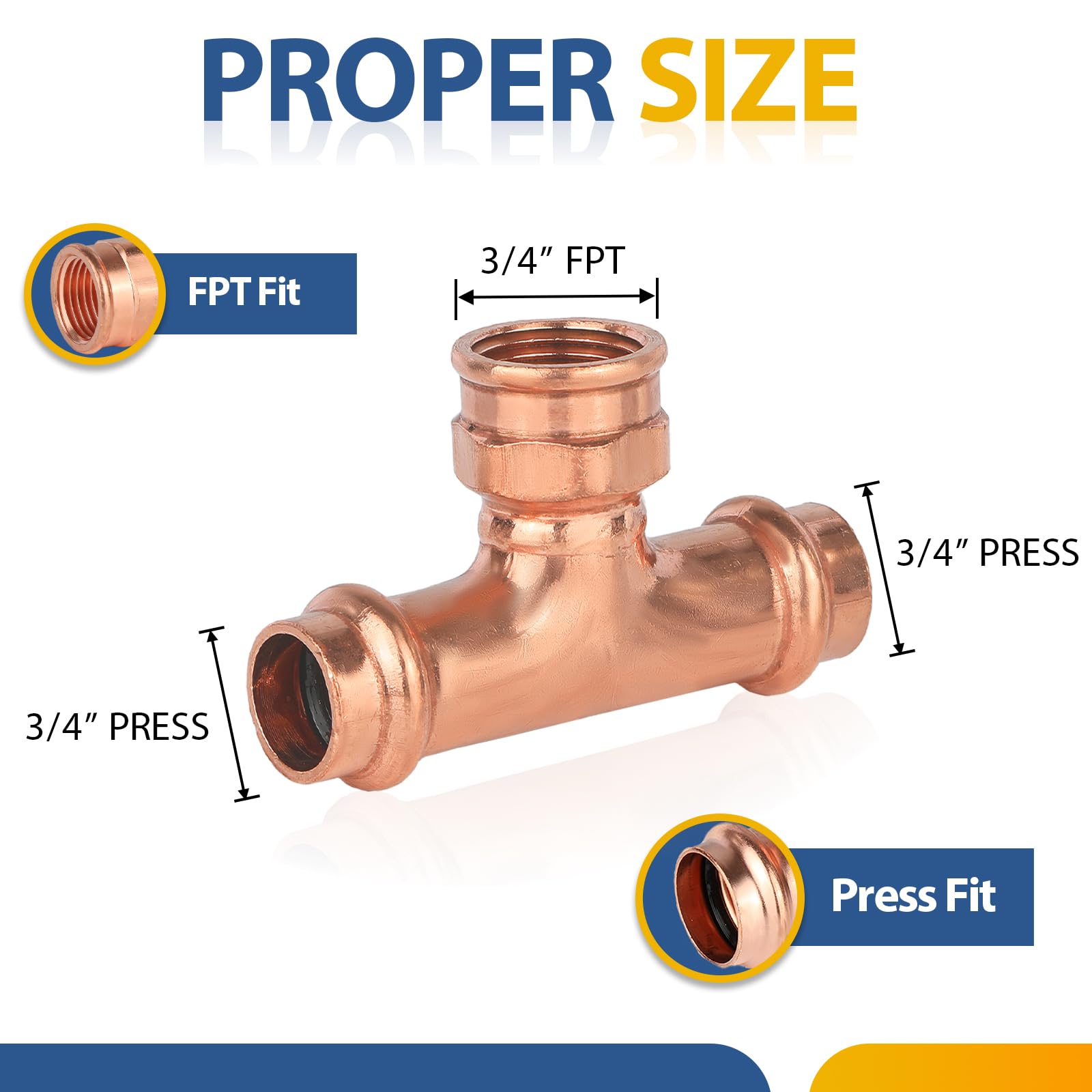 Paquete de 20 racores de Cobre a presión GUOFIS, 3/4" x 3/4" a presión x 3/4" NPT Hembra en T para conexión de tuberías de Cobre (PRESS079-20Pack)