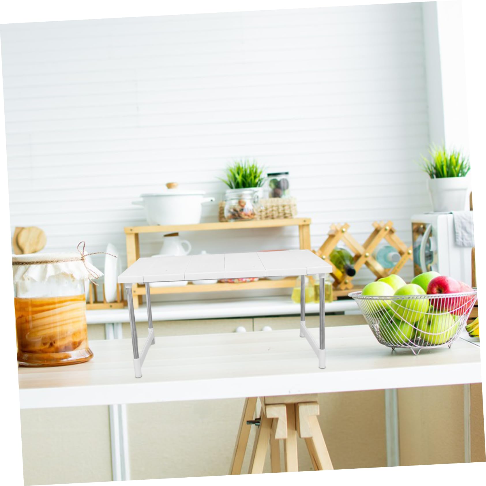 IMIKEYA Organizer Cucina Estensibile Bianco Doppio Ripiano in Acciaio Inossidabile e Superficie Liscia, Lunghezza Regolabile Ganci per Organizzare Utensili e Spezie