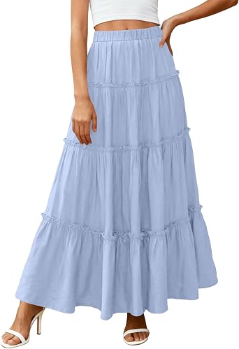 eoeioa Linen Maxi Skirts for Women Tiered Boho High Waisted A Line Skirt Loose Pleated Plain Vacation Beach Flowy Long Skirt
