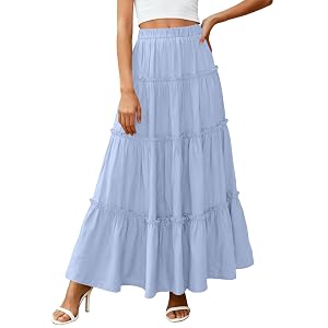 Womens Boho Casual Maxi Skirts Flowy Elastic High Waisted A-Line Long Skirts Summer Beach Vacation Outfits