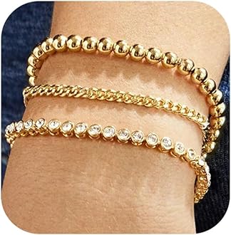 Gold Bracelets for Women, 14k Gold Plated Hand Chain Bracelet, 2 Pcs Ring Bracelets for Women Trendy Dainty Cubic Zirconia Bracelet Ring Bracelet Hand Jewelry Adjustable 6.3'+2'