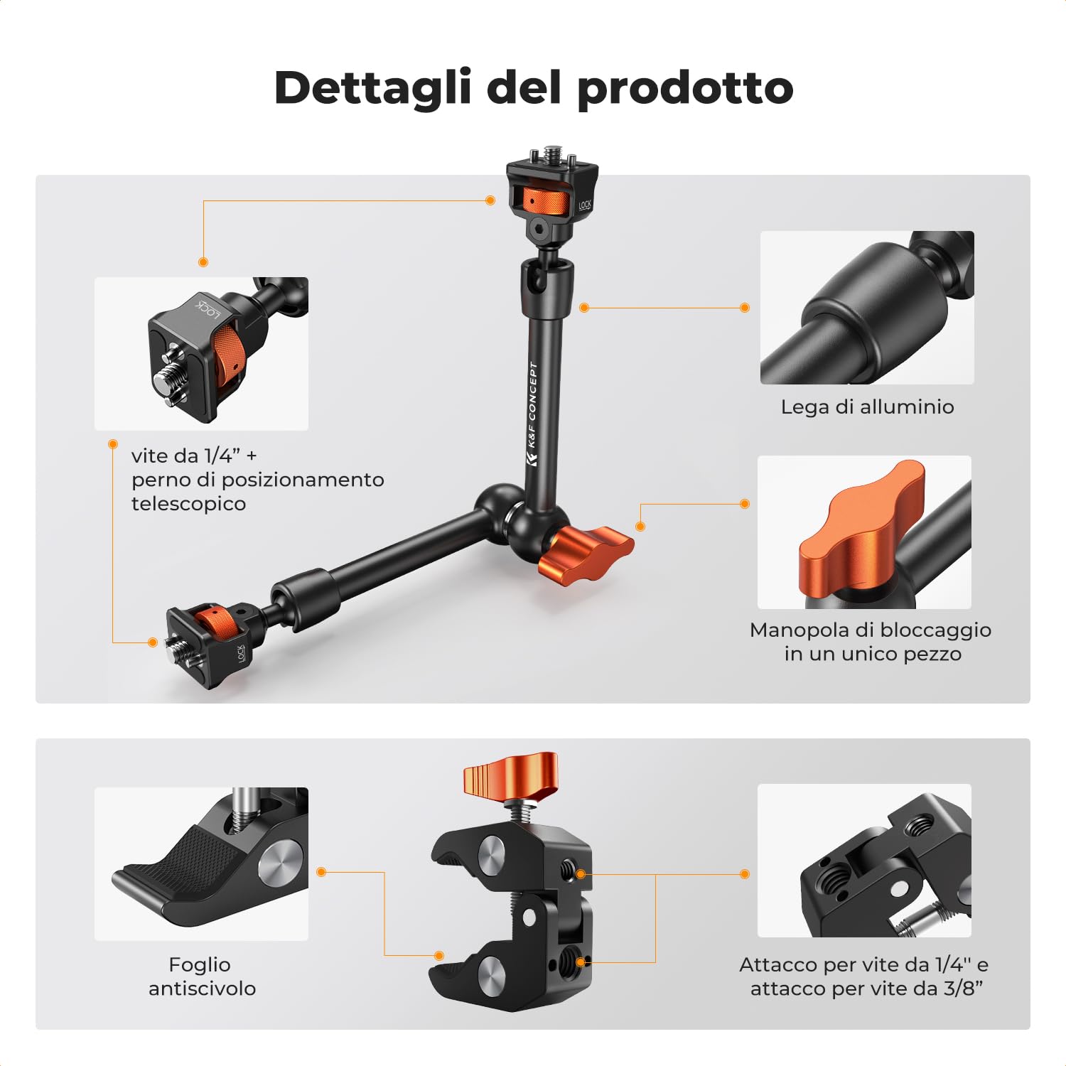 K&F CONCEPT Braccio Magico 11" con Super Clamp, Viti 1/4" e 3/8" | Braccio magico regolabile per monitor, fotocamera, luce LED e microfono, capacità di carico fino a 2 kg - MS33