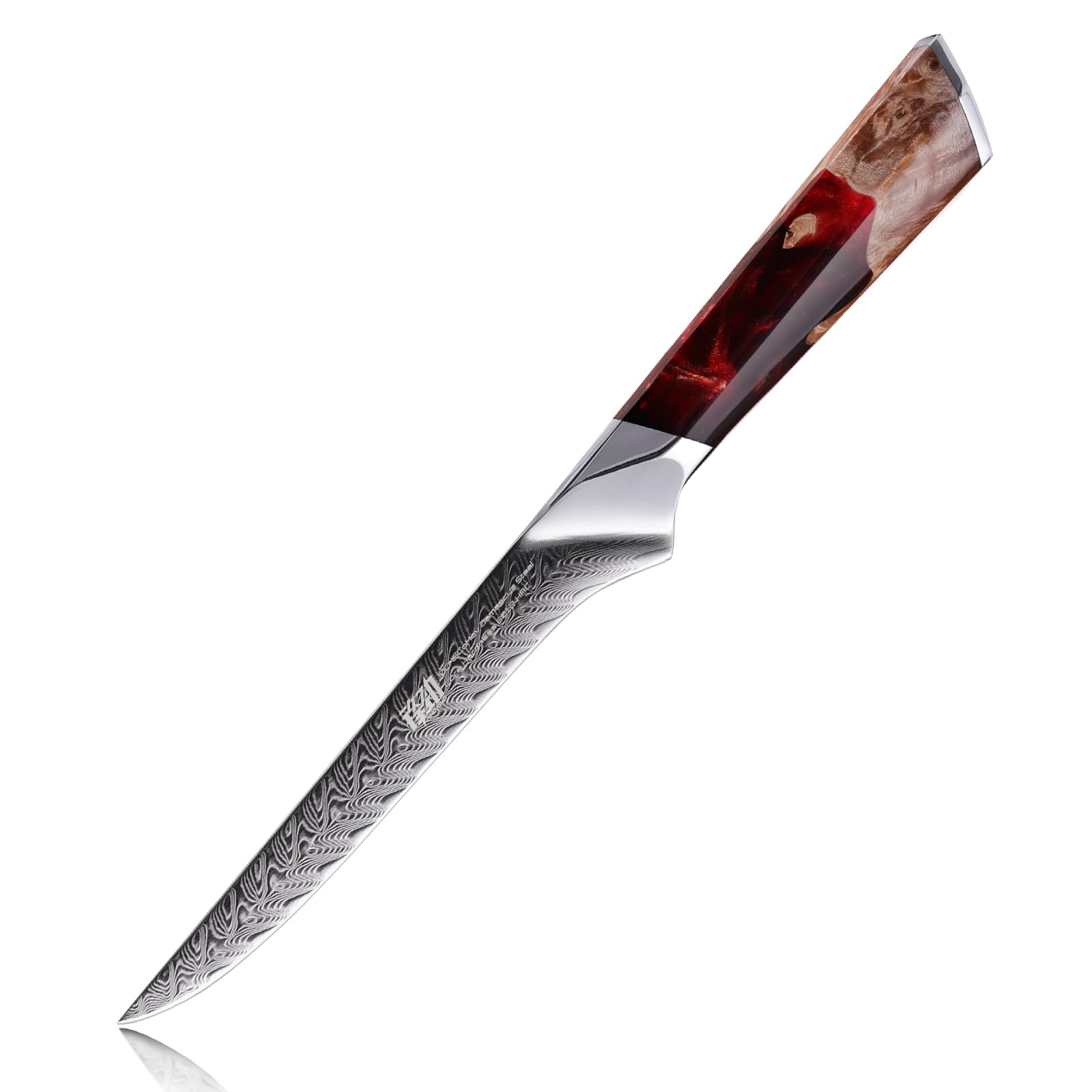 FINDKING Nebula Series Chef Knife with ABS Sheath, Multipurpose Japanese Gyuto Knife, 10Cr15CoMov Damascus Steel Blade, Resin and Figured Sycamore wood Handle, Full Tang, 8 Inch, Blue, for Meat — Amazon image 13