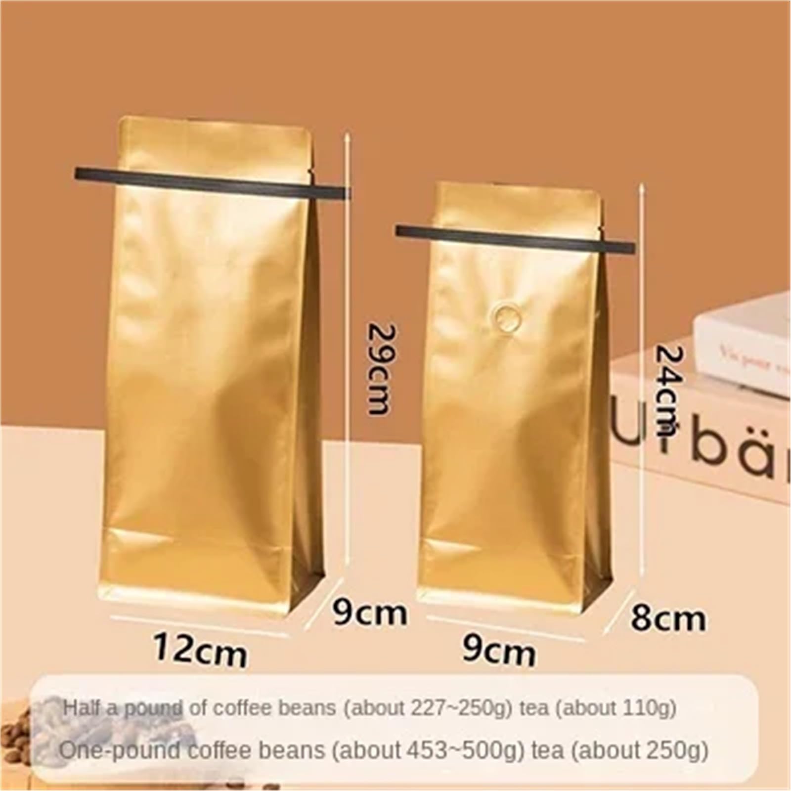 Torebki na kawę z zaworem 20 szt. Papier pakowy z możliwością wielokrotnego zamykania na kawę ziarnistą i herbatę w proszku | Gold,500g with valve