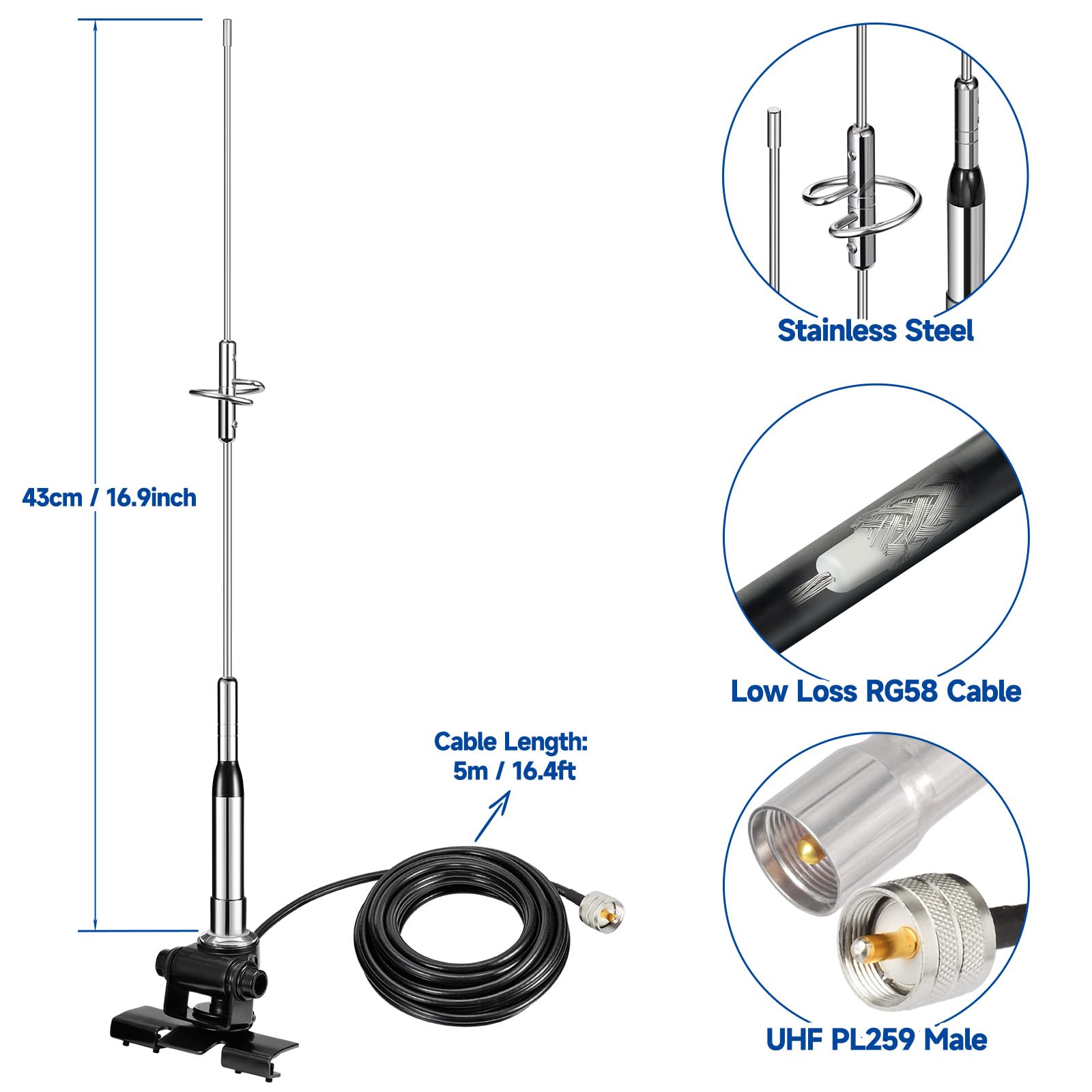 Bingfu Mobile Ham Radio High Gain Antenna Dual Band VHF UHF 136-174MHz 400-470MHz Anti-Rust Antennas with Lip Mount Fixed Bracket 16.4 ft Cable for Car Truck Marine Amateur Two Way Radio