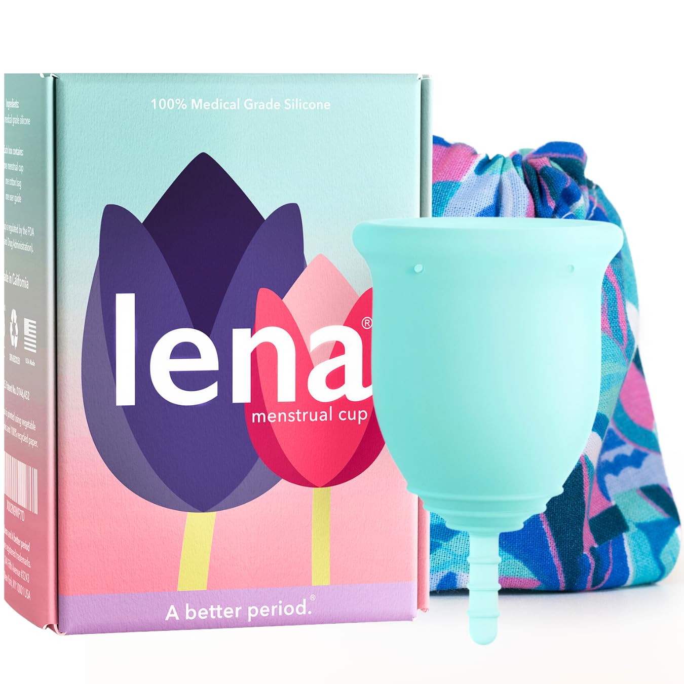 Lena Menstrual Cups, Reusable Period Cup, Tampons,Period Underwear and Pads Alternative, Feminine Care, FSA HSA Eligible, Silicone Menstrual Cup, Made in USA, Super Heavy Flow, Large, Turquoise