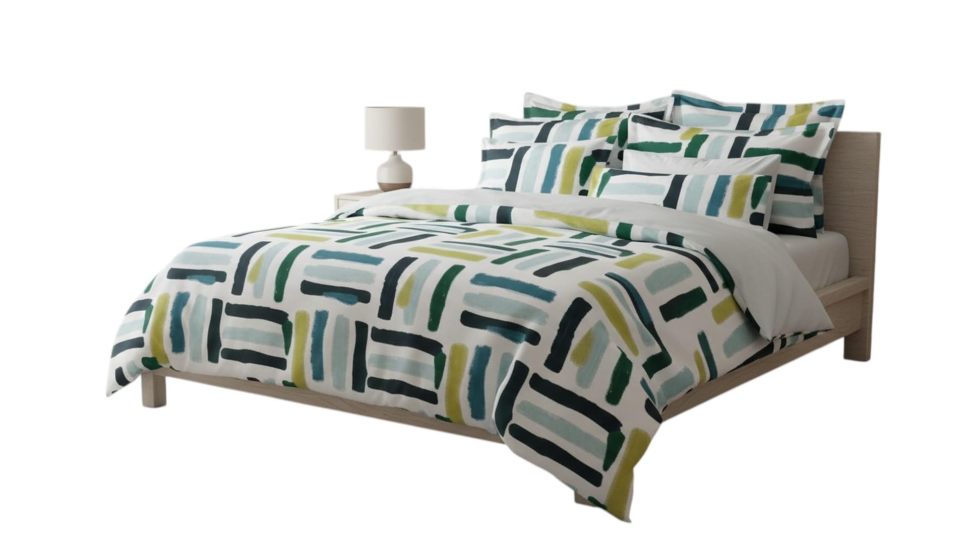 Geometric Brushstroke Cover Set with Pillow Shams | Abstract Stripe Pattern, Green & Teal Tones, Includes Pillow Shams, Modern Bedroom Decor, White Background-image-2
