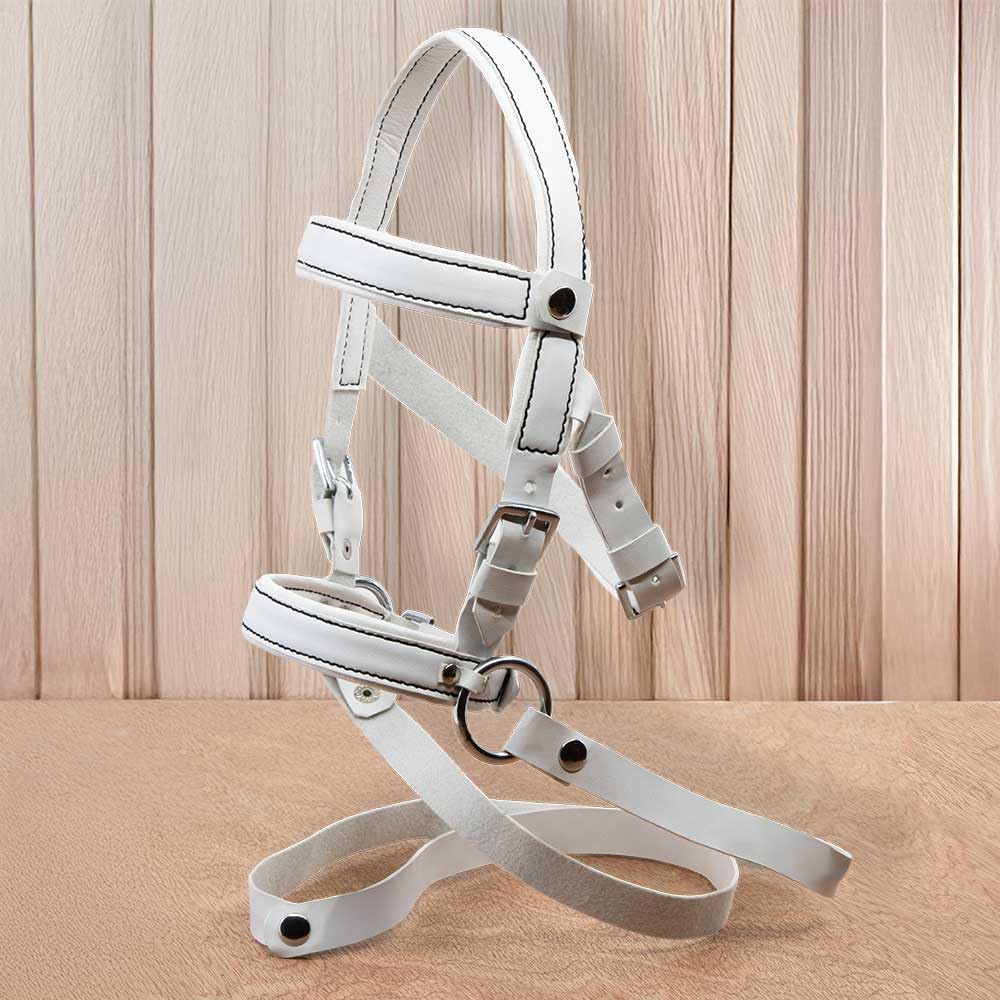 Hobby Horse Filet bridon éthologique Blanc pour Hobby Horse Taille A3 et A4. Réglable par Boucle. Cuir synthétique surpiqué de Coutures Noires