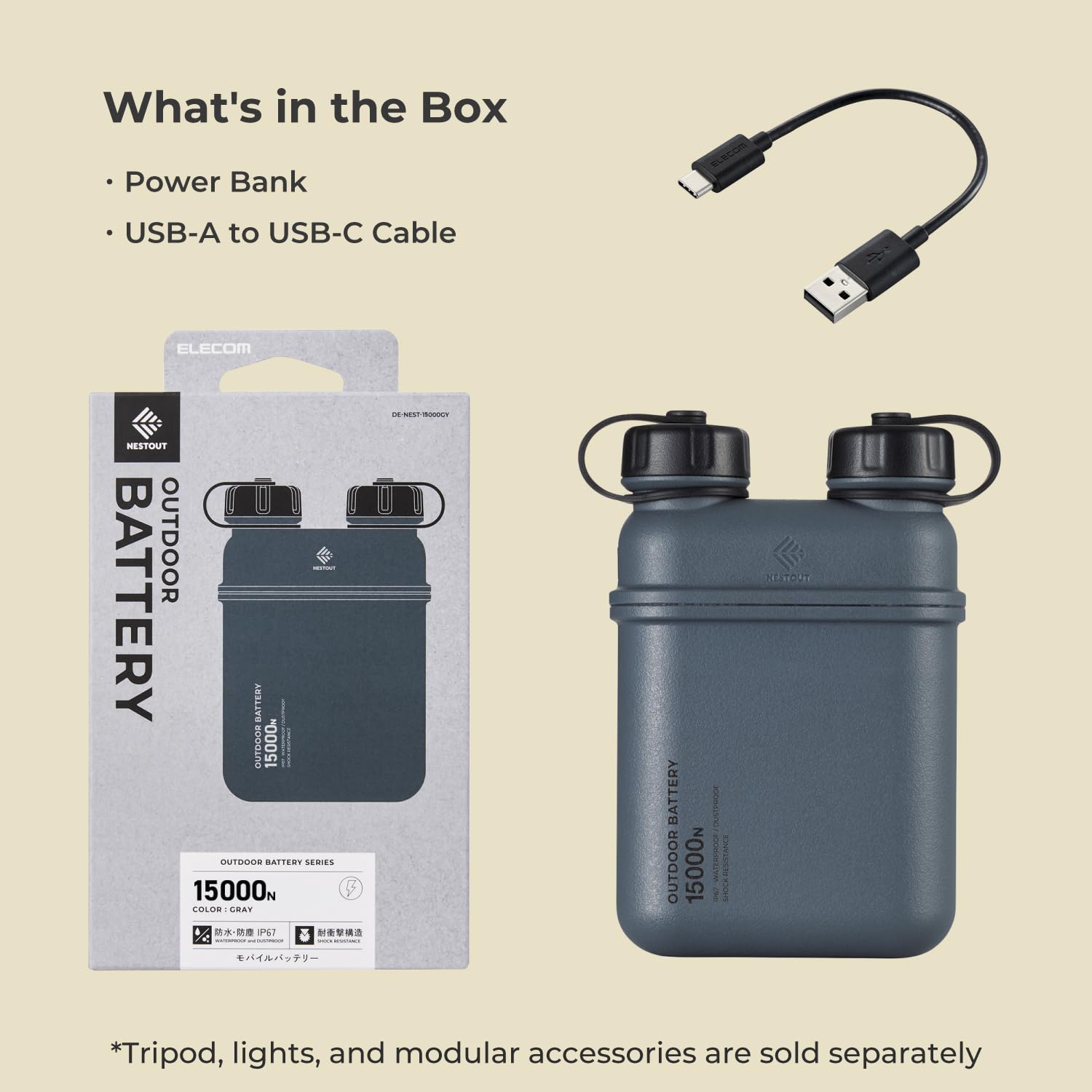 NESTOUT Rugged Power Bank, 15000mAh Outdoor Charger, 32W USB-C Fast Charging PD, Waterproof IP67, Durable Shockproof, Battery Pack for iPhone Tablet Hiking Travel Camping (Beige, 15000mAh)