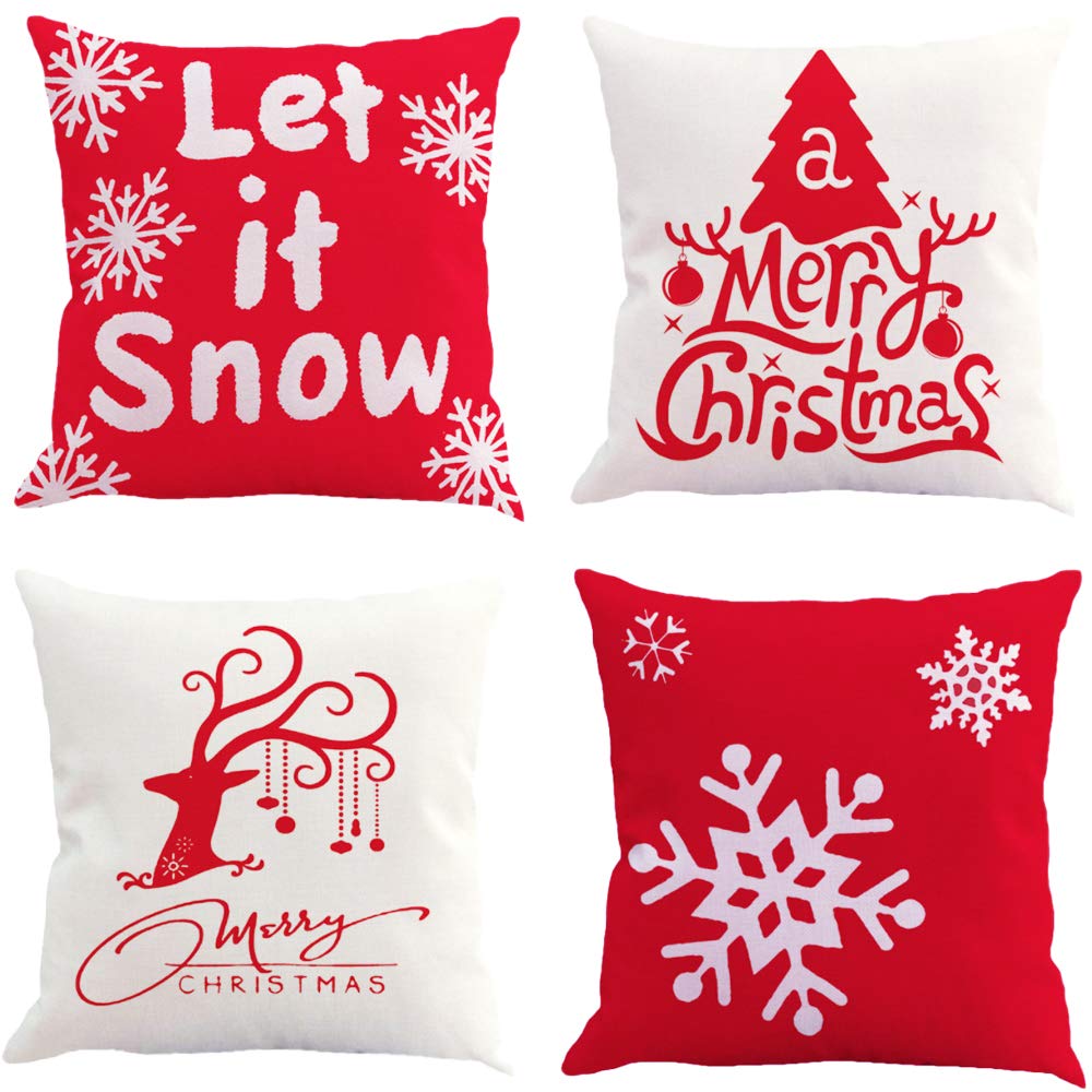 HIQE-FL 4 Piezas Fundas Navideñas para Cojines,Navidad Reno,Funda de Cojín,Fundas Navideñas (J)