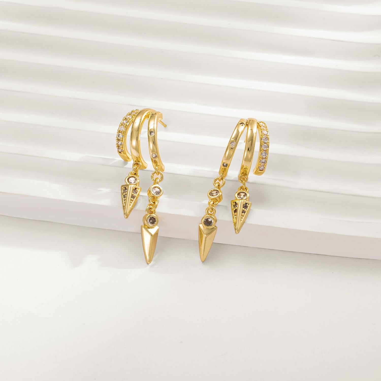 Dangle Earrings for Women,14k Gold Plated Triple Huggie Stud Earrings Dainty Drop Earrings for Women Trendy Gold Statement CZ Chain Earrings Non Tarnish Jewelry - Image 8