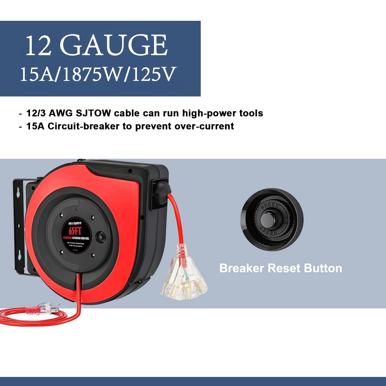 Sjtow chowany kabel przedłużający, wytrzymały 20 m, przewód zasilający 12 AWg/3C, wyłącznik automatyczny 15 A, 3 potrójnie oświetlone wyjścia, uchwyt sufitowy lub ścienny do użytku