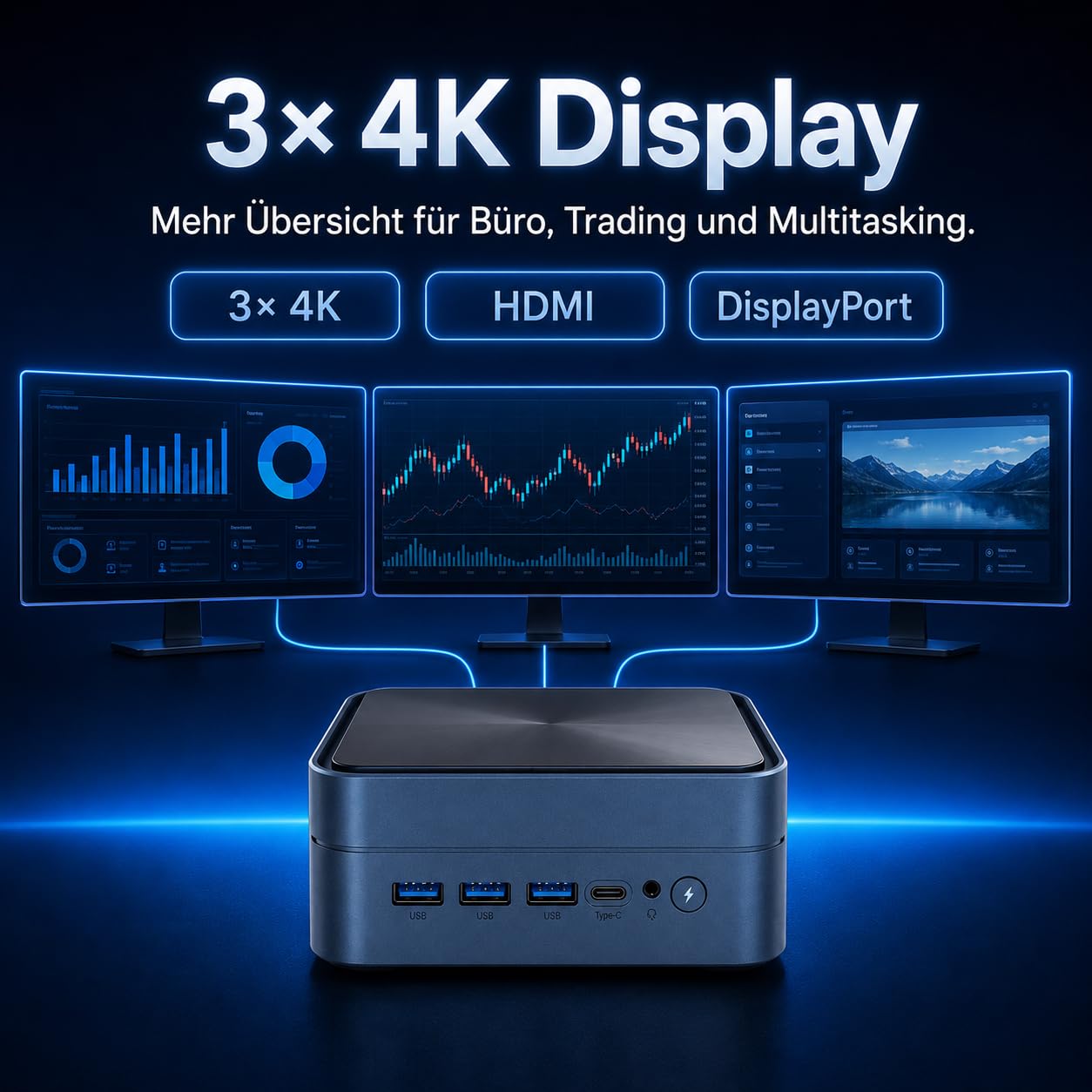Mini PC Ryzen 7 6800H, 16GB LPDDR5 RAM, 512GB NVMe SSD für Büro und Home Office mit, Triple 4K über HDMI, DP und USB-C, Dual LAN, kompakter Mini Computer für Multimedia