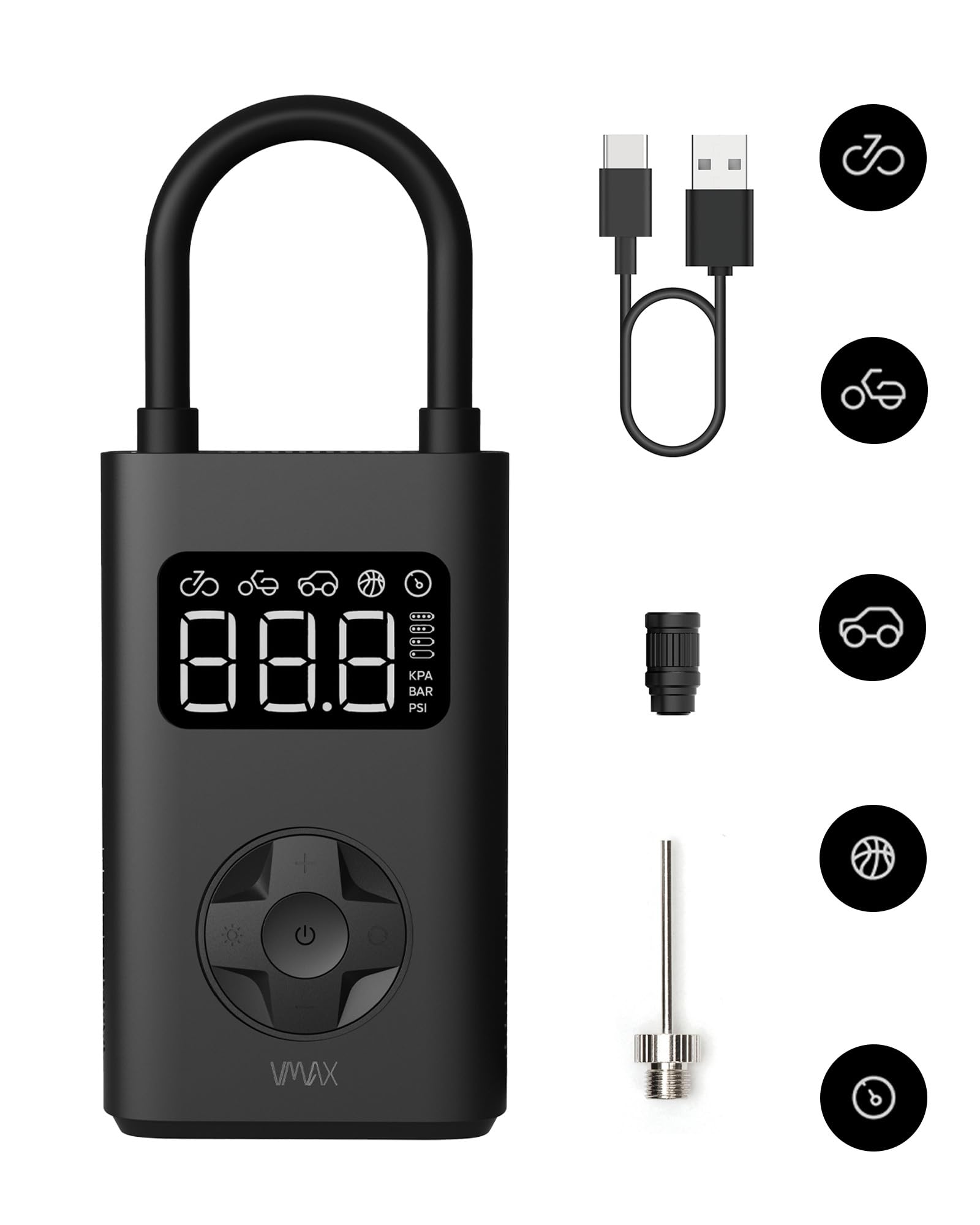VMAX Elektrische Luftpumpe Tragbarer Mini Luft Kompressor | Für E-Scooter, Fahrrad, Auto, 150 PSI, Wiederaufladbarer 2x2500 mAh Akku, Autostop-Funktion