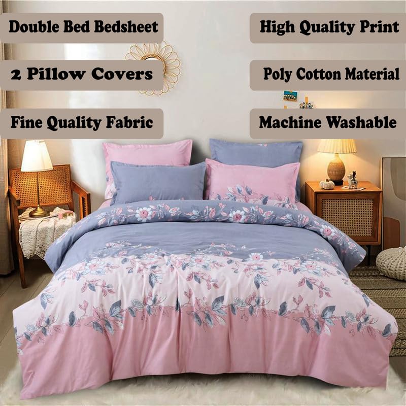 Image of Polycotton Double Bed Bedsheet, Flat Sheet with 2 Pillow Covers, Queen (90x100 inch), 300 TC, Pink & Blue, Set of 3