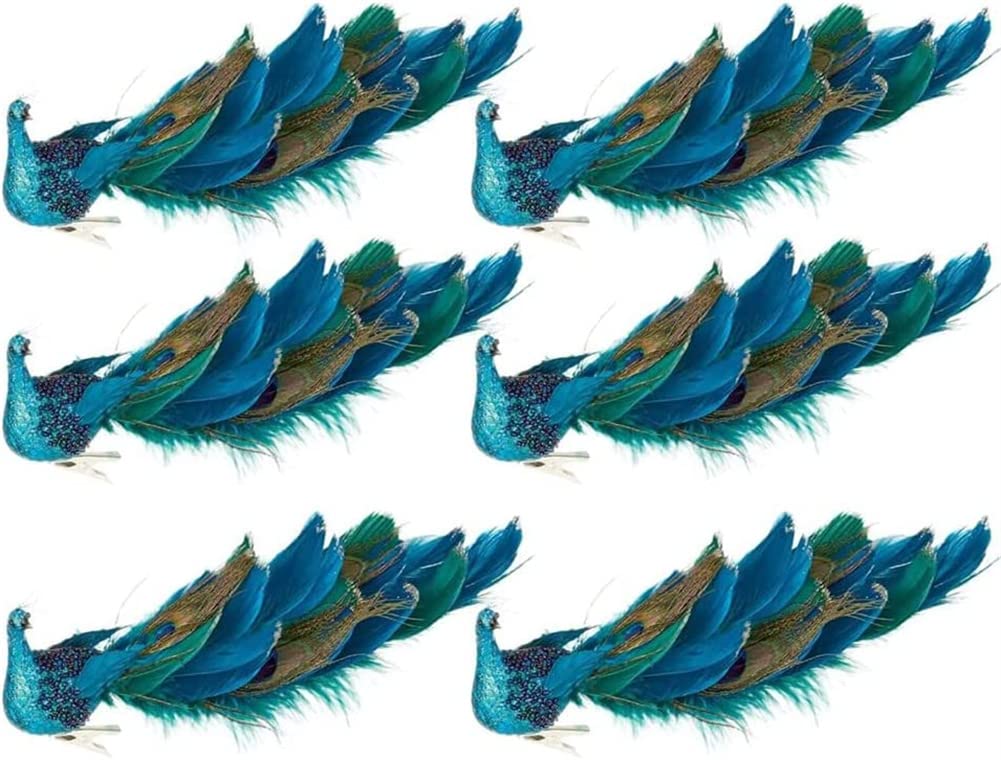 Blue Peacock Decorative, 12" Glittered Bird Clip-On Tree Ornament for Party and Christmas Decorations(6 Pack)