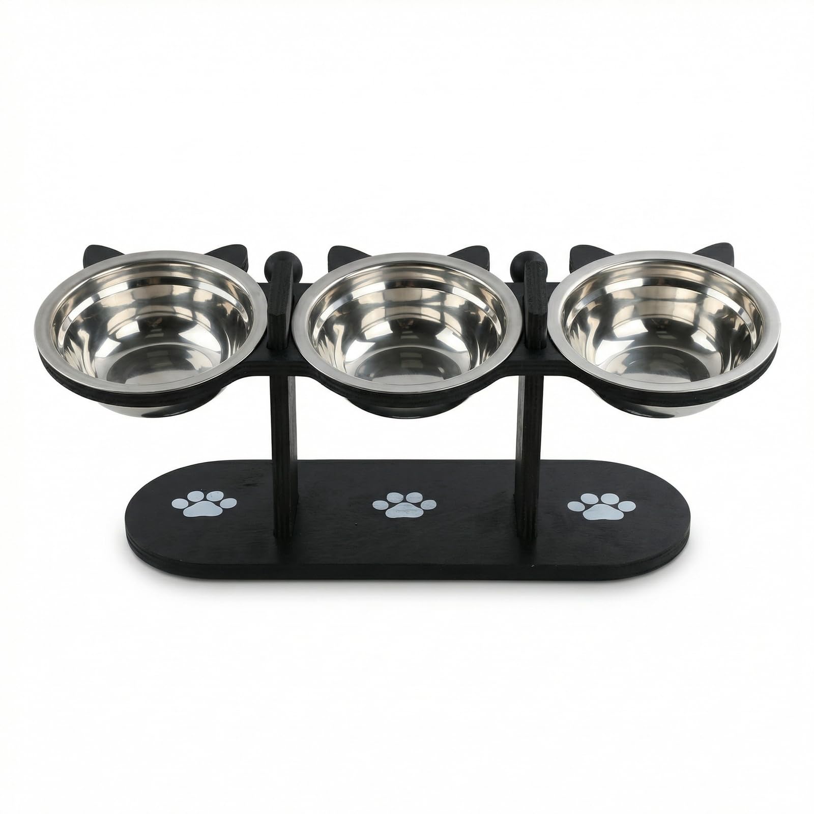 Comedero Gato Elevado,Comedero Perro de Acero Inoxidable, 3x300ml Comederos y Bebederos,con Soporte de Bambú,Altura Ajustable,Inclinación de 15°,para Gatos y Perros pequeños (Negro)