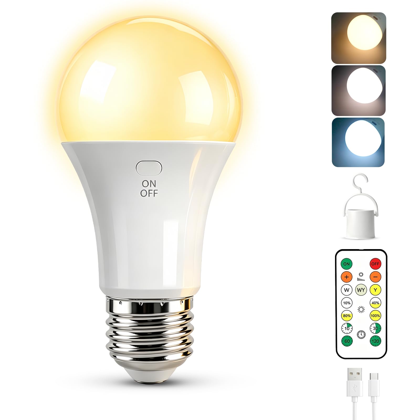 2600mAh Bombilla Recargable con Mando, 7W 3 Color Regulable & Timer, USB E27 Exteriores Luz de Emergencia Acampar Portátil con Gancho, LED Linterna de Camping para Tienda, 1 Piezas