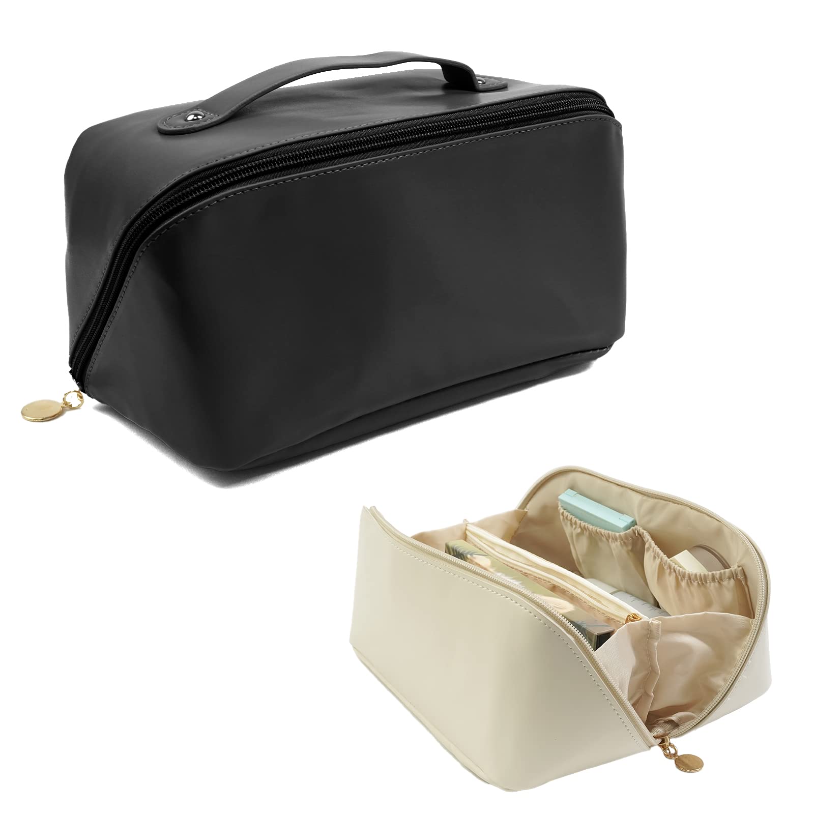 S-SNAIL-OO Upgrade Large-capacity Travel Cosmetic Bag, Women Pu Leather Waterproof Portable Cosmetic Bag with Handle, Storage Bag for Place Skin Care Products, Jewelry, Sundries. (Black)