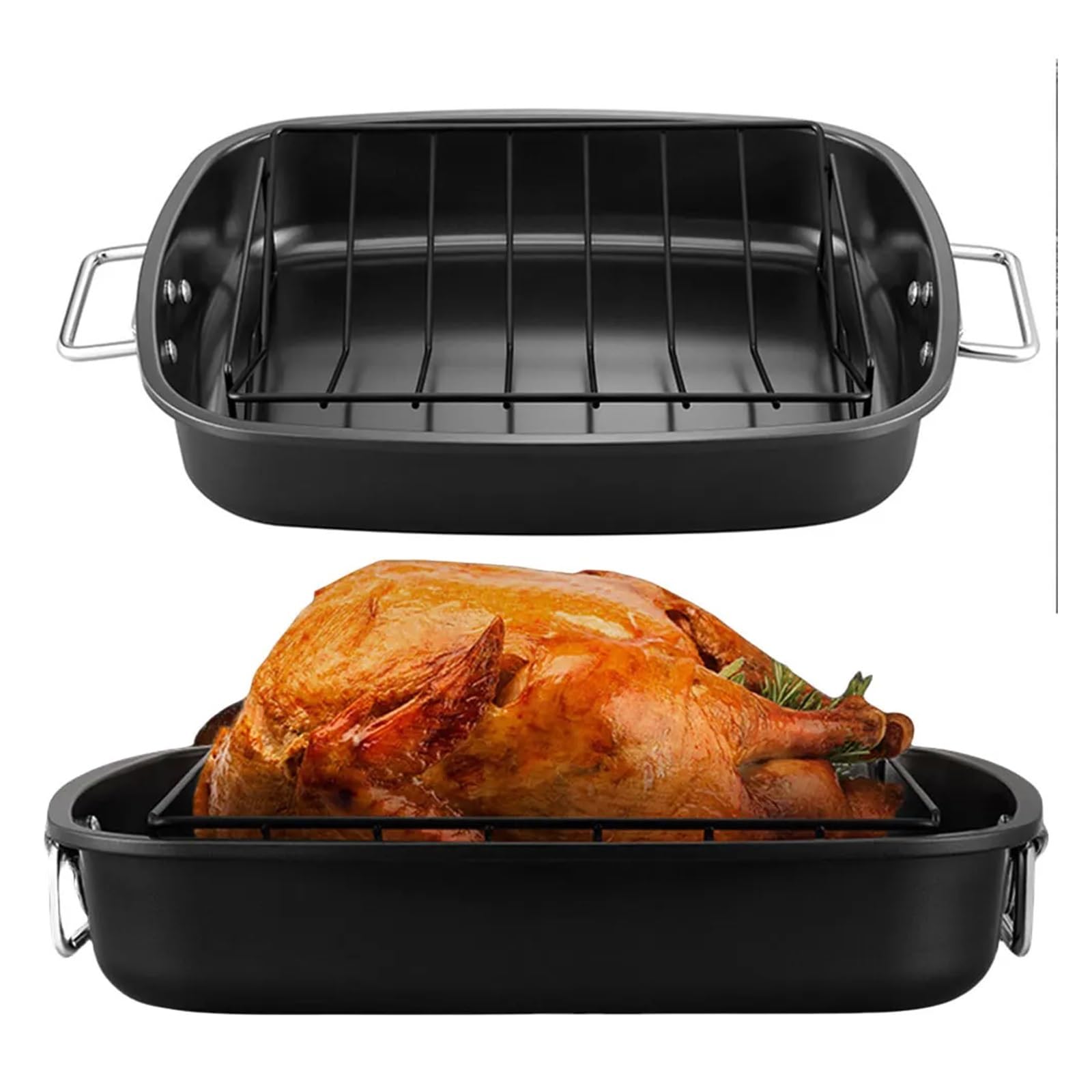 Teglia da arrosto, grande teglia antiaderente per tacchino con griglia | Acciaio al carbonio, 457.00x380.00x80.00mm, per pollo carne verdure
