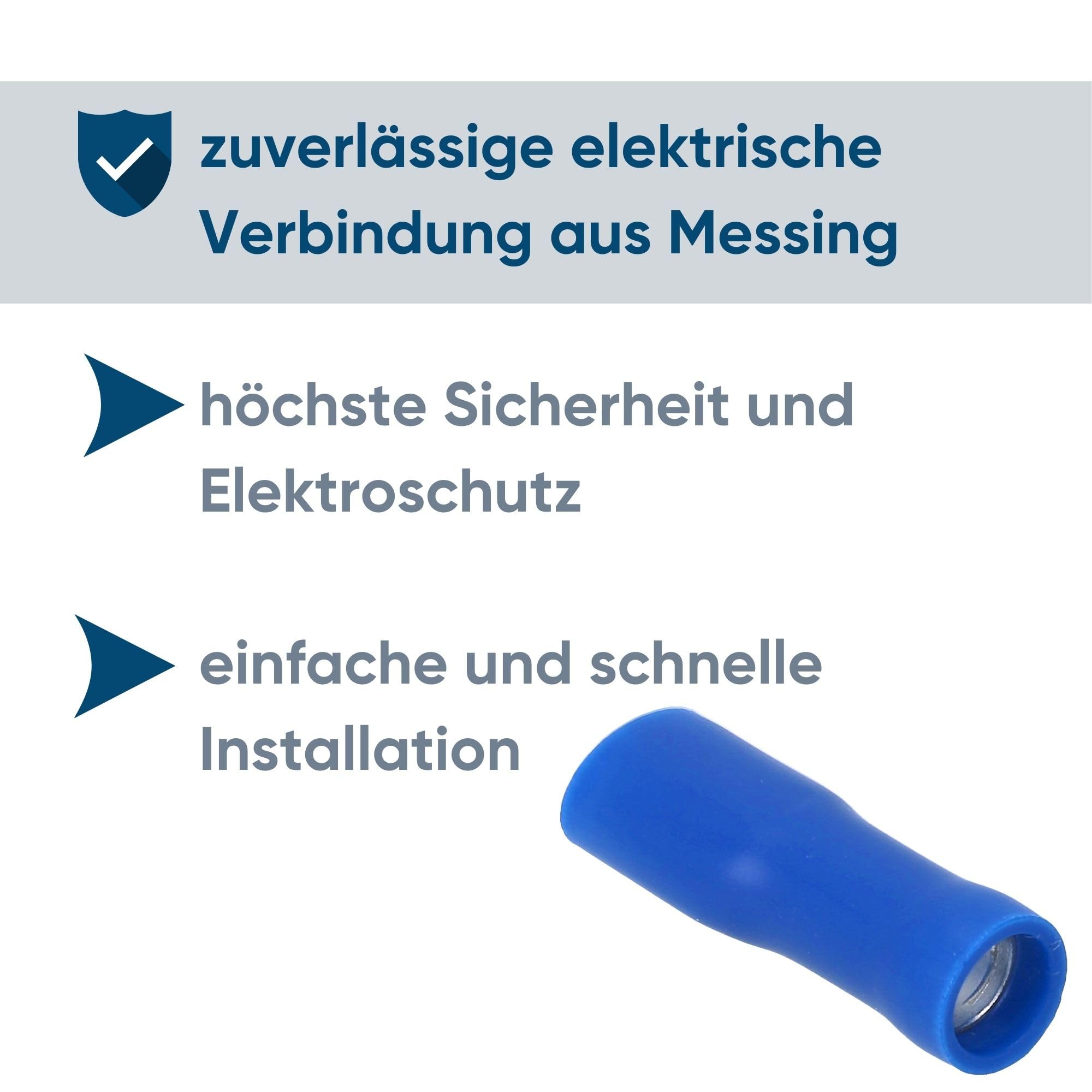 Kalitec Lot de 10 Cosses Plates Bleues 4,8 x 0,8 mm, Connecteur de Câble | Section 1,5-2,5 mm², AWG 16-14, Entièrement Isolé, Laiton avec Manchon en Cuivre, pour Voiture et Armoire Électrique