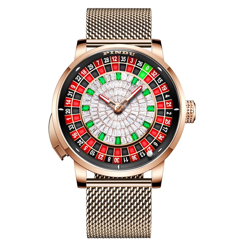 MACARLON Roulette Watch for Men NH35A Movement Design Button Control Automatic Watch Stainless Steel Roulette Mechanical Movement Business Waterproof Wrist Watches for Men(Gold)