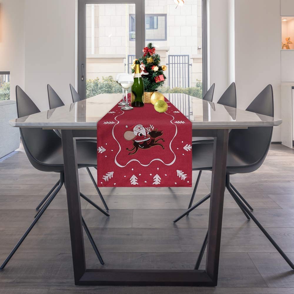 HALOVIE Runner Da Tavolo Natale 40x180 Cm Rosso Con Alice E Albero - Tovaglia Decorativa In Cotone Per Feste