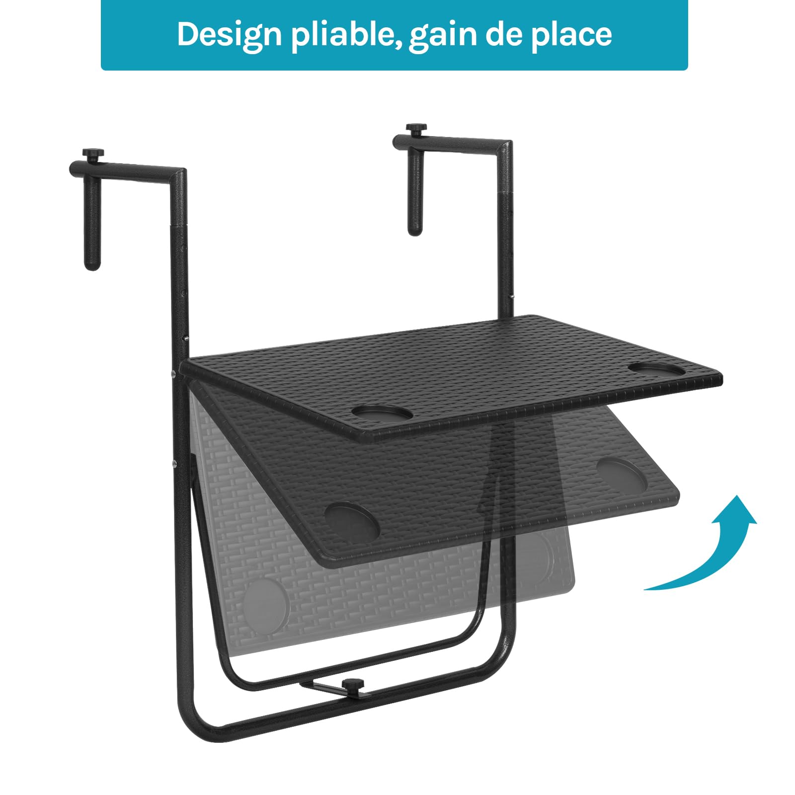 WOLTU Table de Balcon Rabattable et Suspendue, Table Exterieur Pliante avec 3 Hauteurs Réglables, en Aspect Rotin, Cadre en Métal, Noir