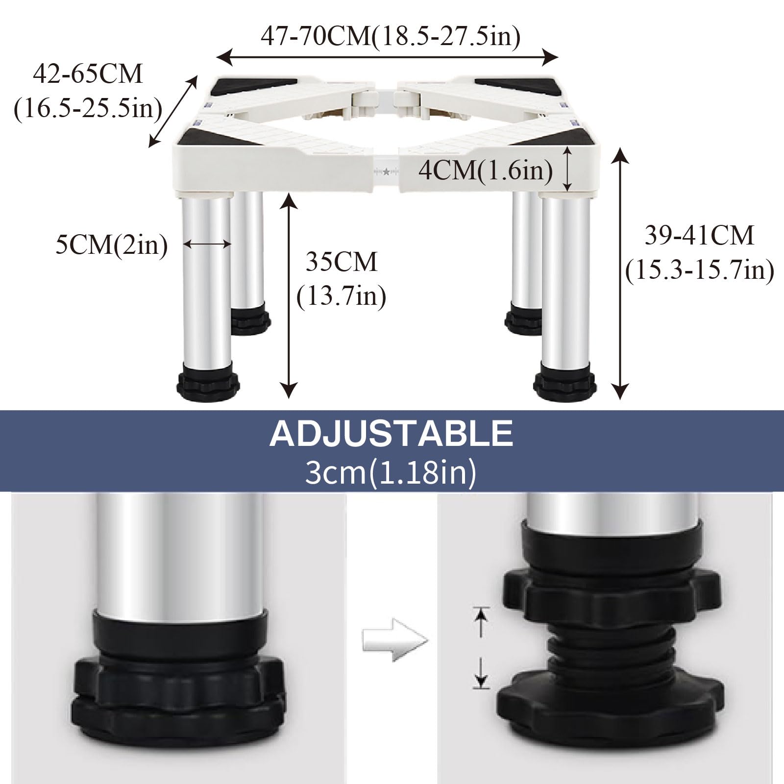 Socle pour réfrigérateur blanc, hauteur 39-41 cm, support réglable pour climatiseur mobile, lave-vaisselle, congélateur, congélateur, armoire de cuisine (longueur réglable 47-70 cm)