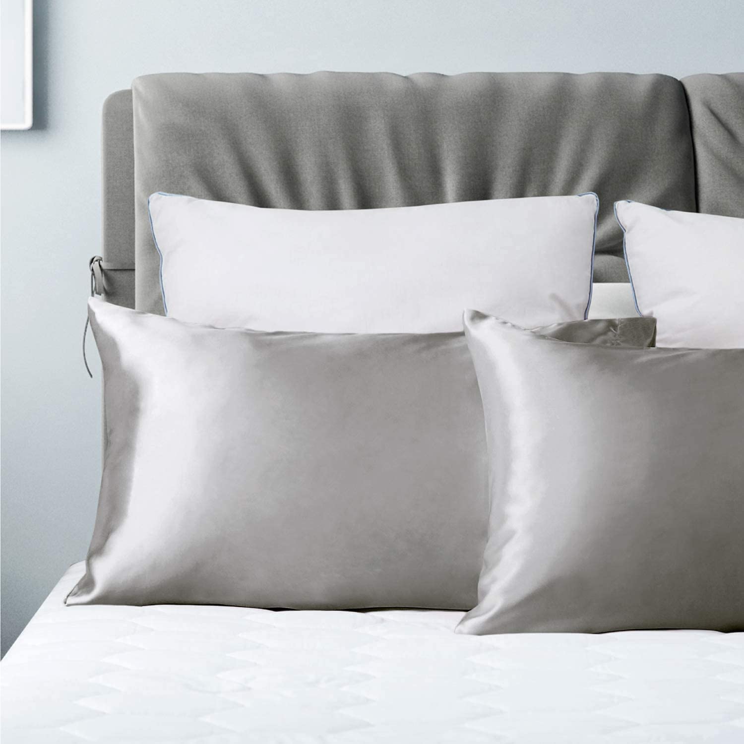 AP SALES Satin Silk Pillow Cover for Hair and Skin 2 Piece with 3 Piece Satin Silk Soft Scrunchies for Women Stylish|Silk Pillow Covers with Envelope Closure end Design|Silk Pillow Cases (Grey) 1