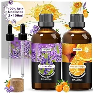 COPOWER D’huiles Essentielles, 2×100 ml D’huile de Diffuseur D’arôme non Diluée – 100% Pure Huile de Lavande et Huile D’orange, Soulage le Stress, Favorise le Sommeil pour Diffuseurs, Humidificateurs