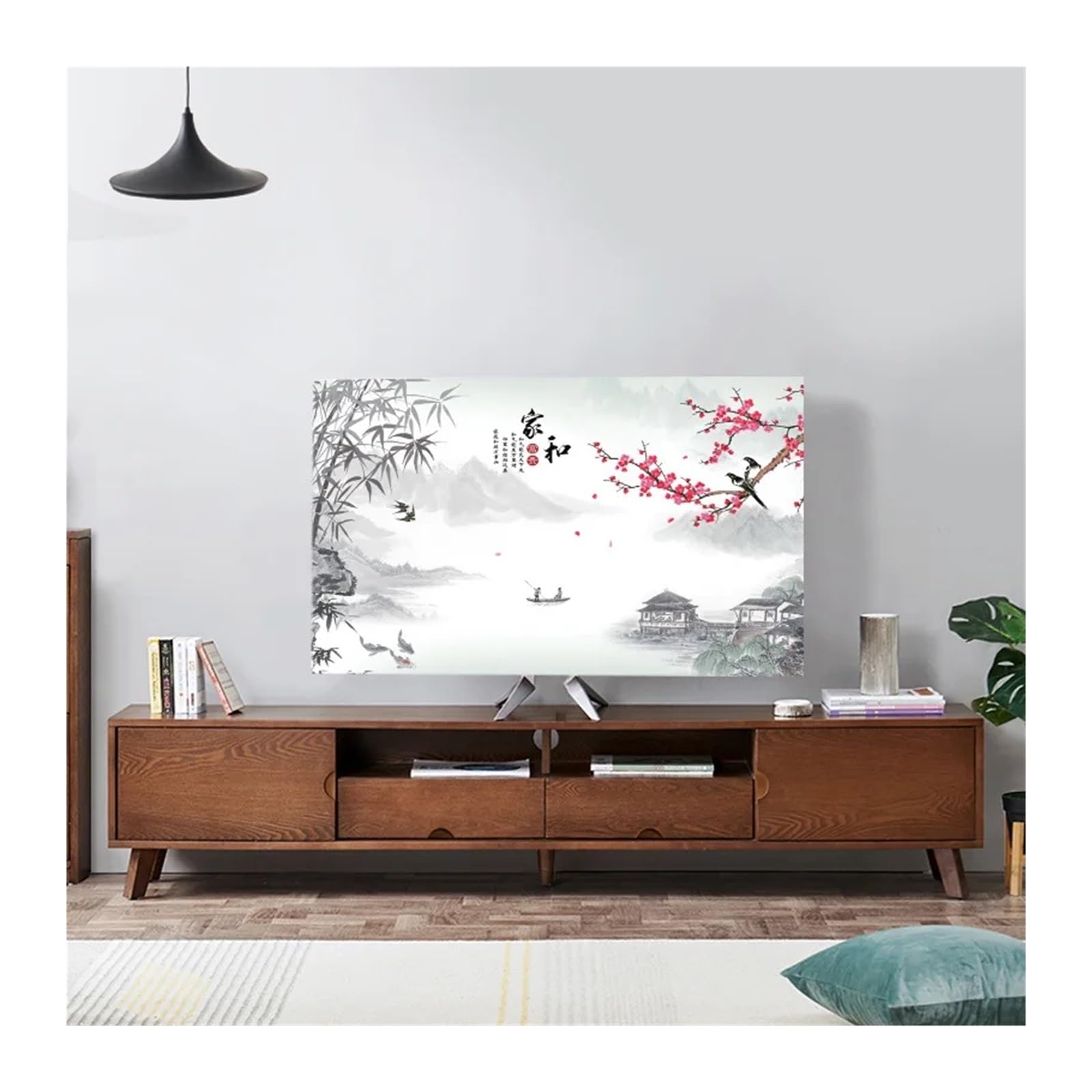 Copri TV Paraluce for televisione con forza elastica paesaggistica, tessuto antipolvere for TV, 32-75 pollici, stile cinese semplice e moderno(03,75 inch)