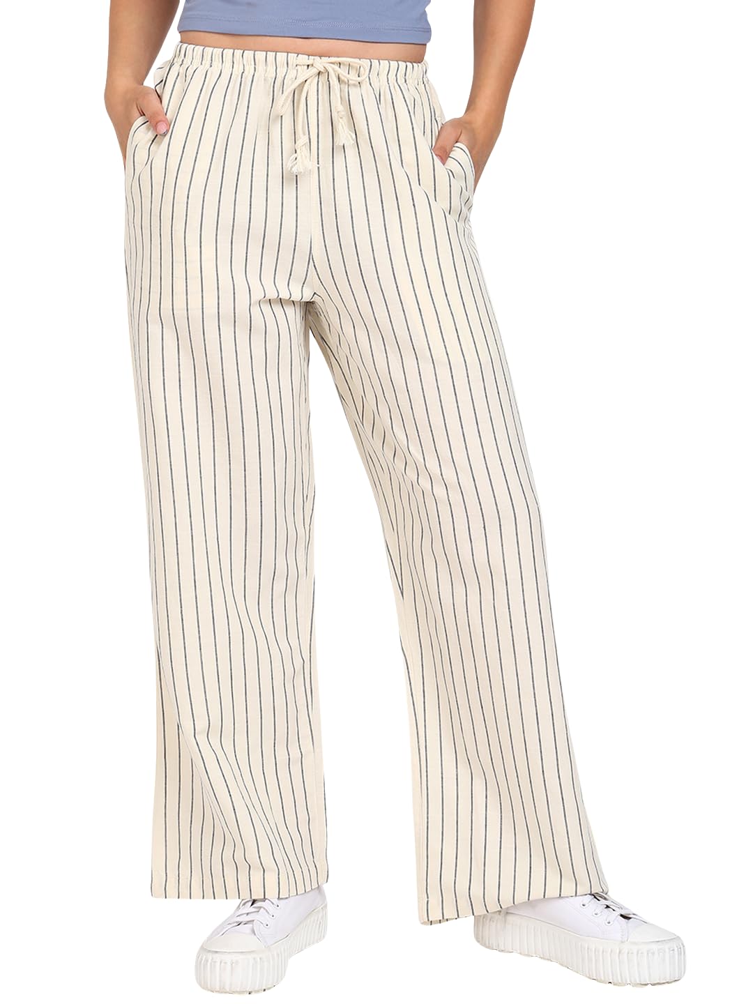 Jack & Jones Women's Linen Blend Striped Easy Pants | Wide Leg Straight Fit | Lightweight Breathable Summer Trousers with Pockets in neutral