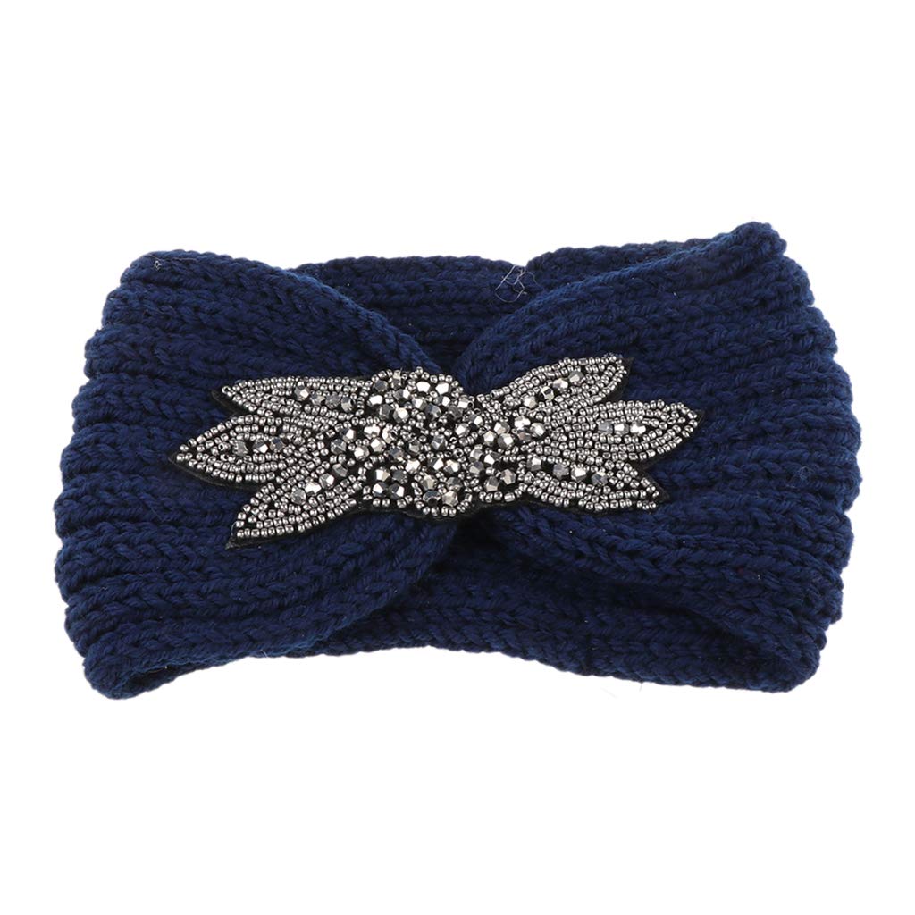 Gaointell Women's Navy Blue Knitted Hairband Flower For Beaded Ear Warmer Wide For H Headband