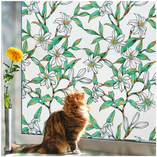 Image of Coavas Static Cling Privacy Window Film, 96% UV & Heat Blocking, Stained Glass Window Film Floral Design, Non-Adhesive, for Bathroom, Front Door, Shower Enclosure (Frosted, 17.5 inch X 78.7 inch)