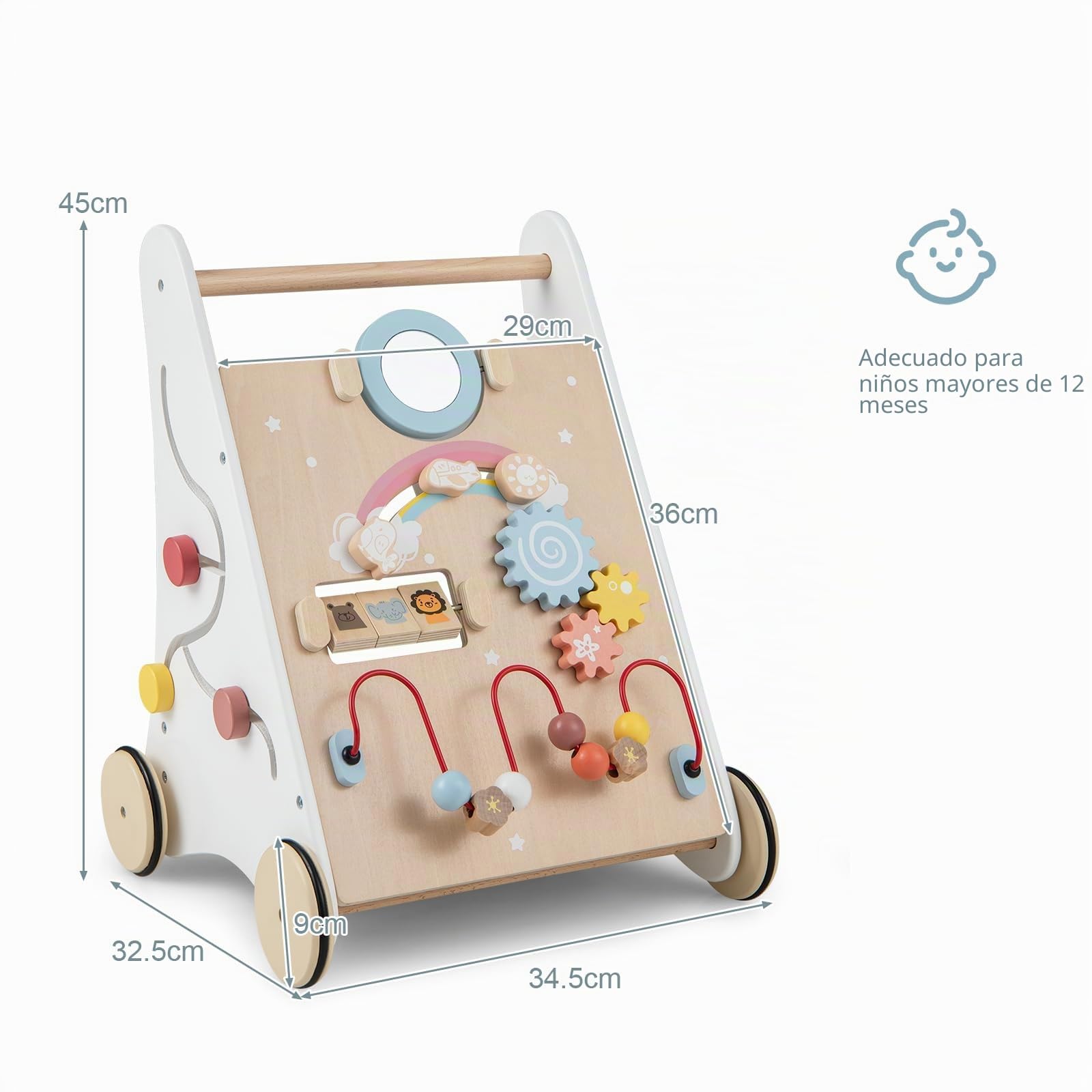 LIFEZEAL Andador Bebe de Madera, Baby Walker Multifuncional, Caminador Bebe de Actividades con Juguete Educativo, Caminador para Bebés de 12-36 Meses