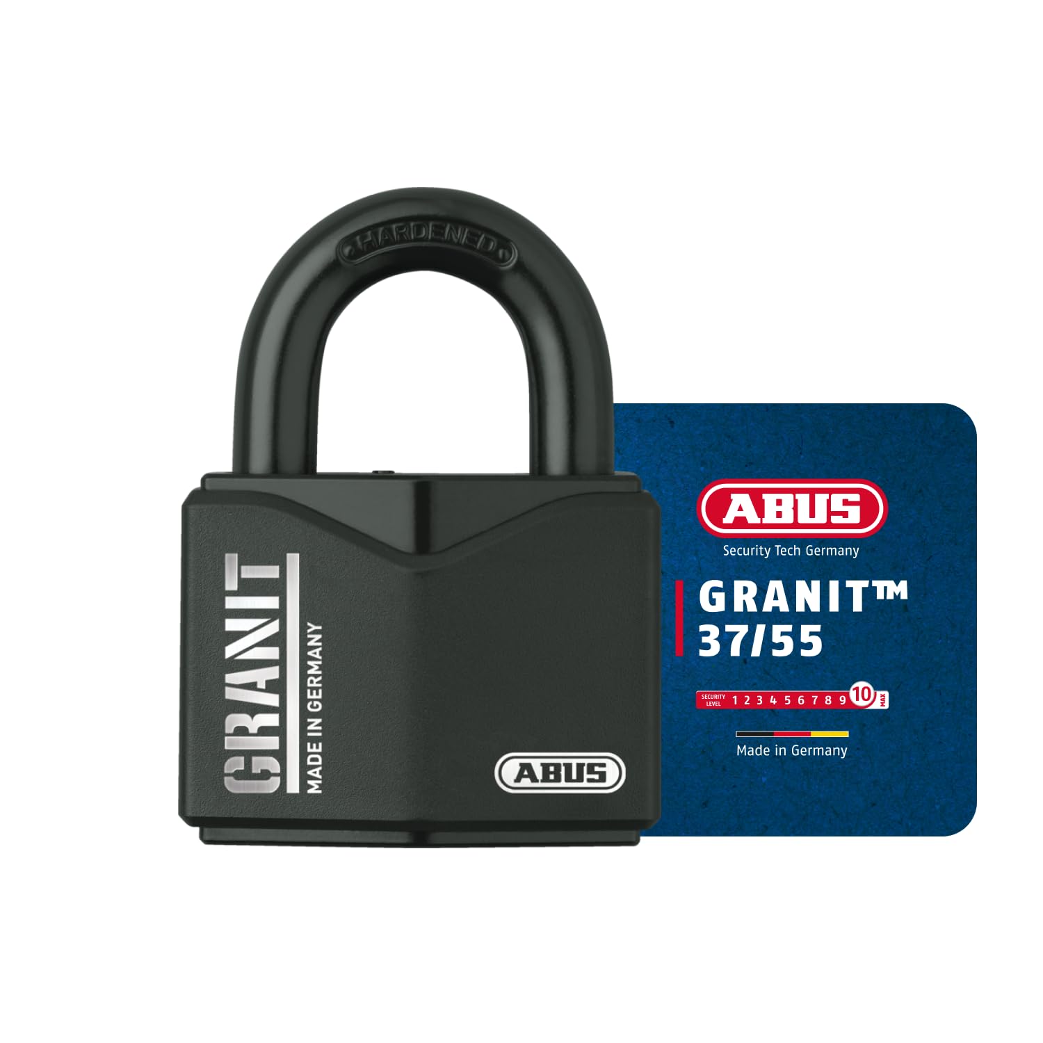 ABUS Lucchetto Granit 37/55 - Acciaio Temprato, Cilindro a Dischi, Nero | Livello di sicurezza 10, arco Ø 11 mm, rivestimento antiruggine Black Granit, peso 566 g, ideale per magazzini e impianti