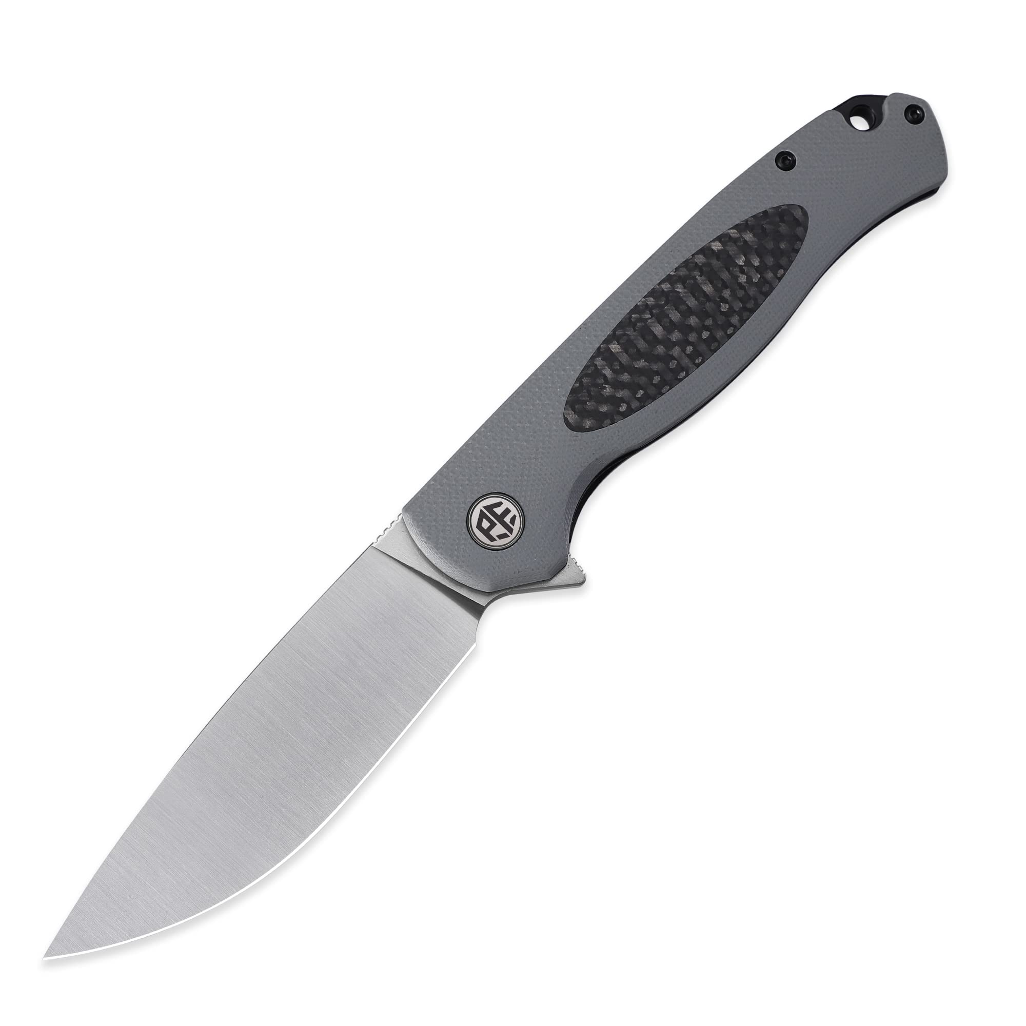 Petrified fish PFB03 Stamp Pocket Knife, 3.58" D2 Satin Blade, 4.79 oz G10 Handle Flipper Liner lock Folding Knife (Gray & Satin)