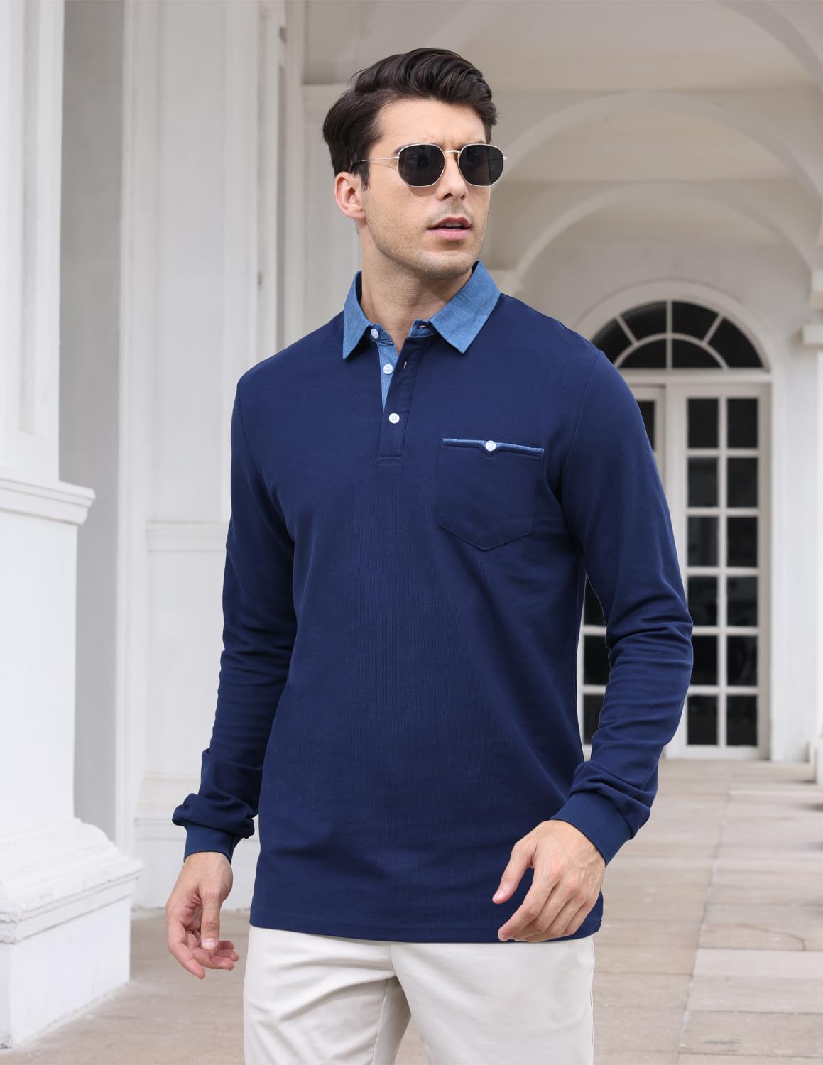 KUNJLELP Polo Camicia Uomo Manica Lunga Maglietta con Colletto in Denim Casuale Cotton Inverno Golf T-Shirt