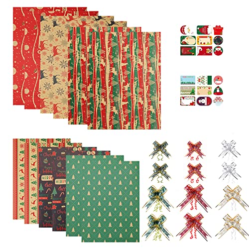 PintreeLand 12 Sheets Christmas Wrapping Paper Set(6 Large&6 Small, 59 Sq. Ft. Ttl) with 12PCS Gift Bows and Labels - Vintage Red Green Xmas Holiday Kraft Present Wrap Paper