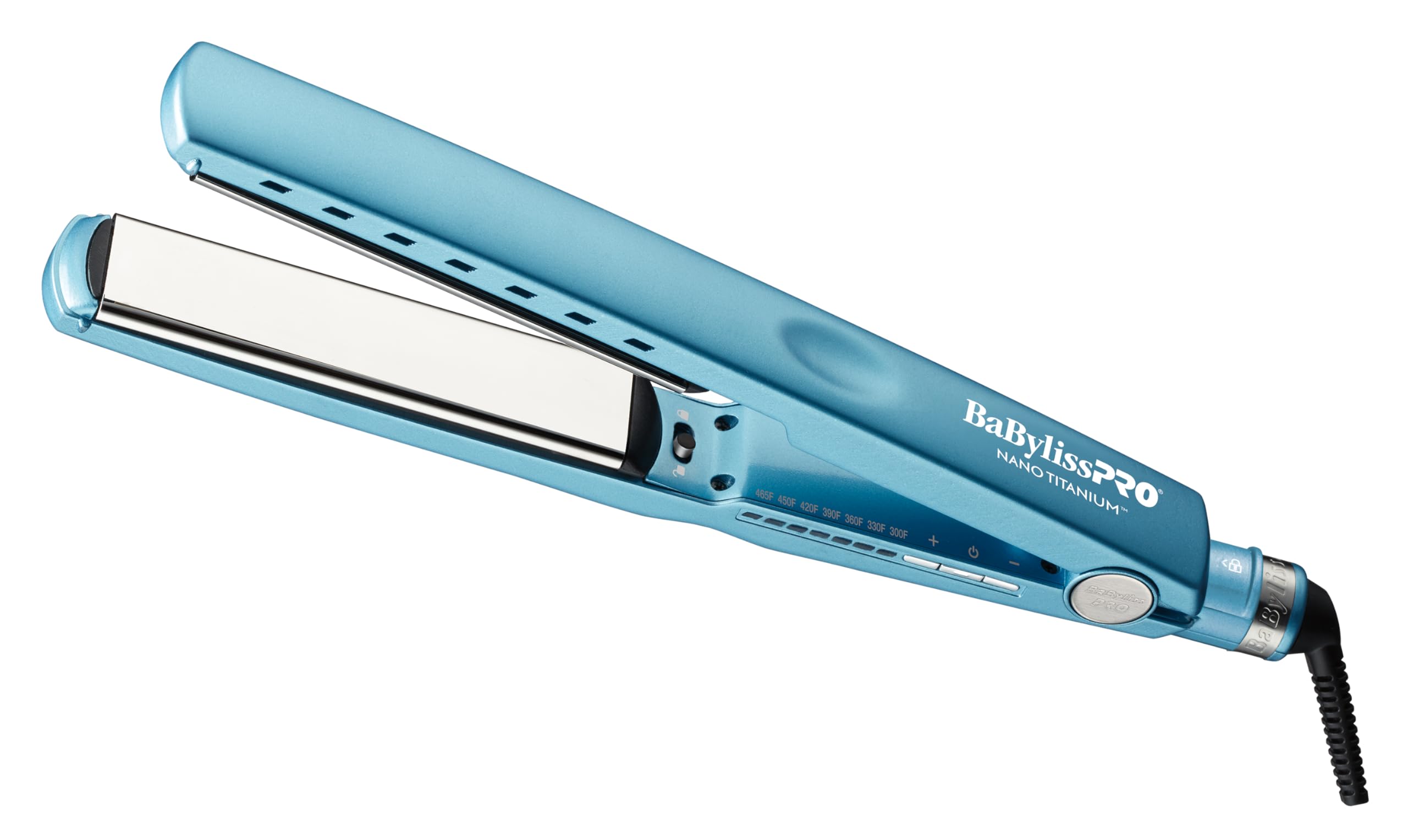BaBylissPRO Nano Titanium Professional 1-1/4" Ionic Flat Iron, Extended 5.1” True Nano-Titanium Plates, Up To 465°F Professional Hair Straightener, Vented Plates, Dual Voltage (BNT9091TXLC)