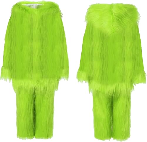 Miniatura 3 de Disfraz de Papá Noel peludo verde para niños, suéter de lujo cálido y mullido color verde monstruo y pantalones