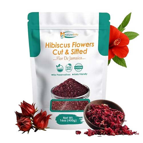 NaturalEvity Flores de hibisco cortadas y tamizadas (16 onzas)  Ingrediente de té de hierbas Flor de Jamaica  Inspirado en ayurveda, rico en
