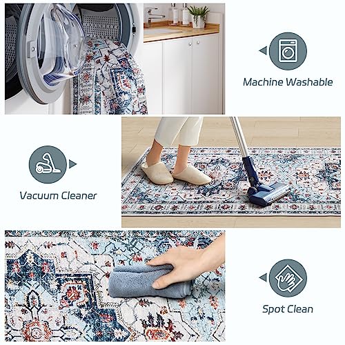 Madane Blue Runner Rug, 2x5, Low-Pile, Non-Slip, Washable, Stain Resistant, Retro, Machine-Made, Microfiber, Floral, Kitchen, Living Room, Bedroom, Laundry Room