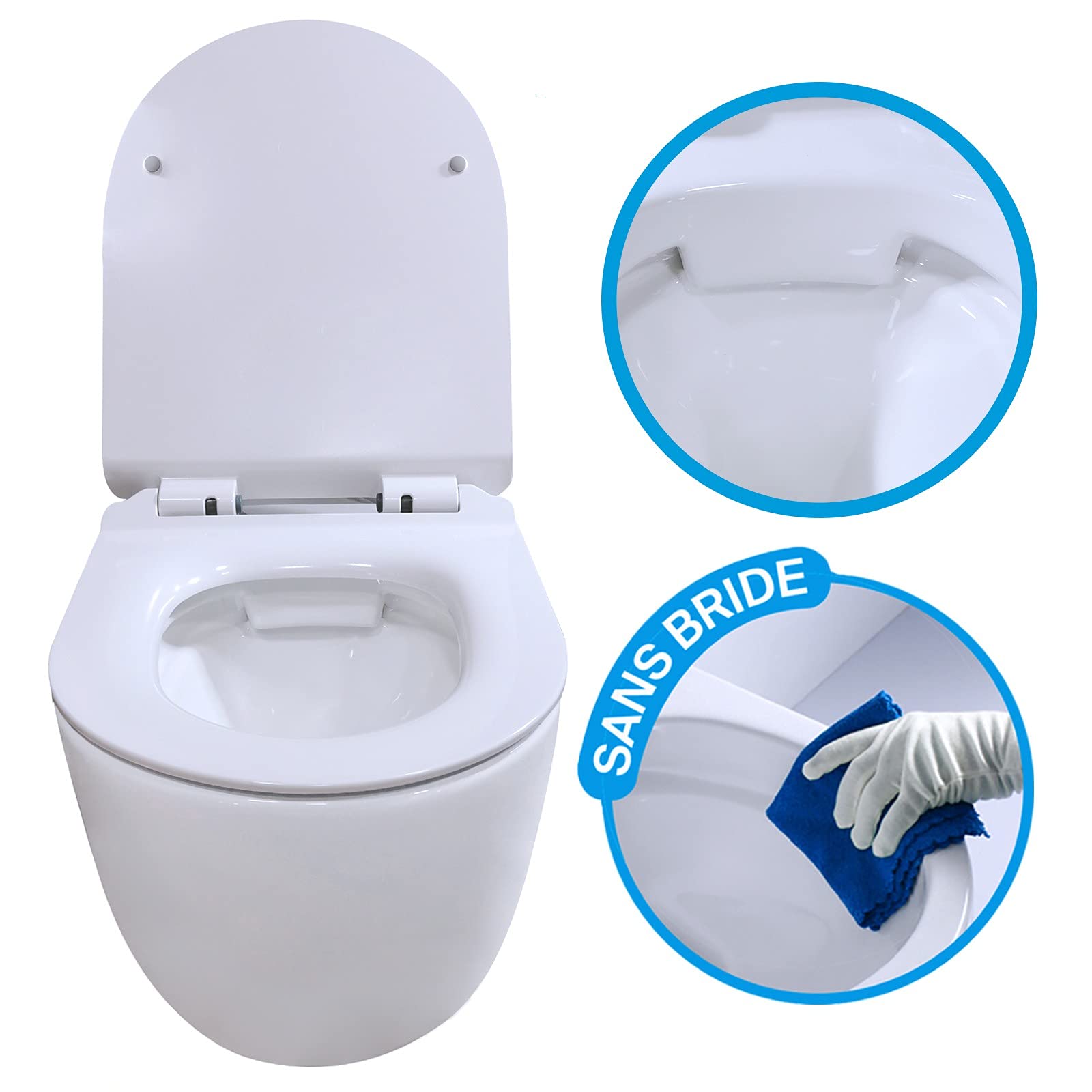 Pack Complet WC Sans Bride + Cuvette suspendu sans bride + Plaque DESIGN (Bâti chrono autoportant, Plaque noir mat soft touch)