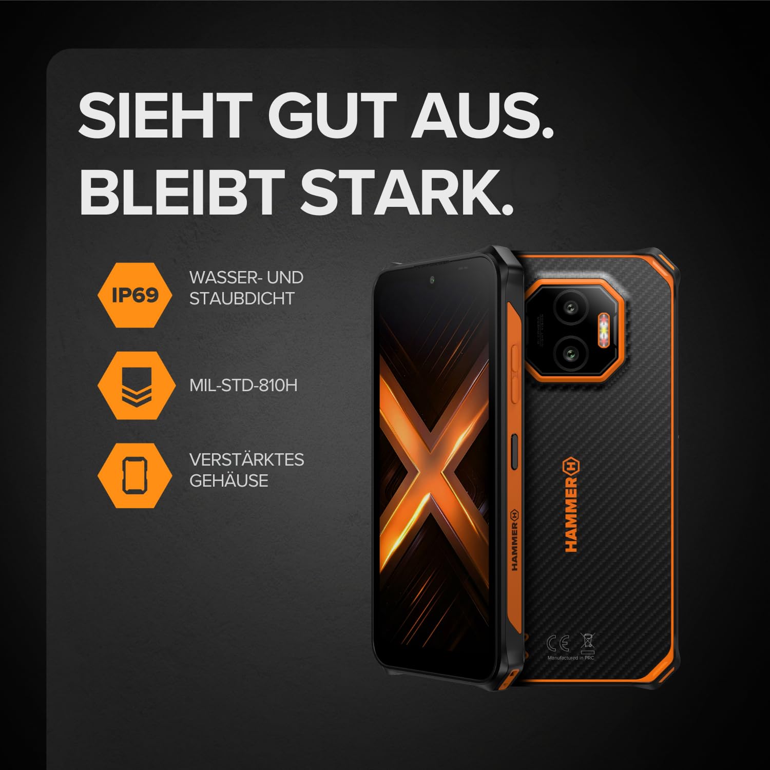 Hammer Energy X2 5G 8+8GB/256GB Outdoor Handy, Baustellenhandy und Rugged Handy, 6.1" Display, IP69 wasserdicht, 5000mAh Akku, Dual SIM, eSIM, 2 Jahre Garantie – Schwarz