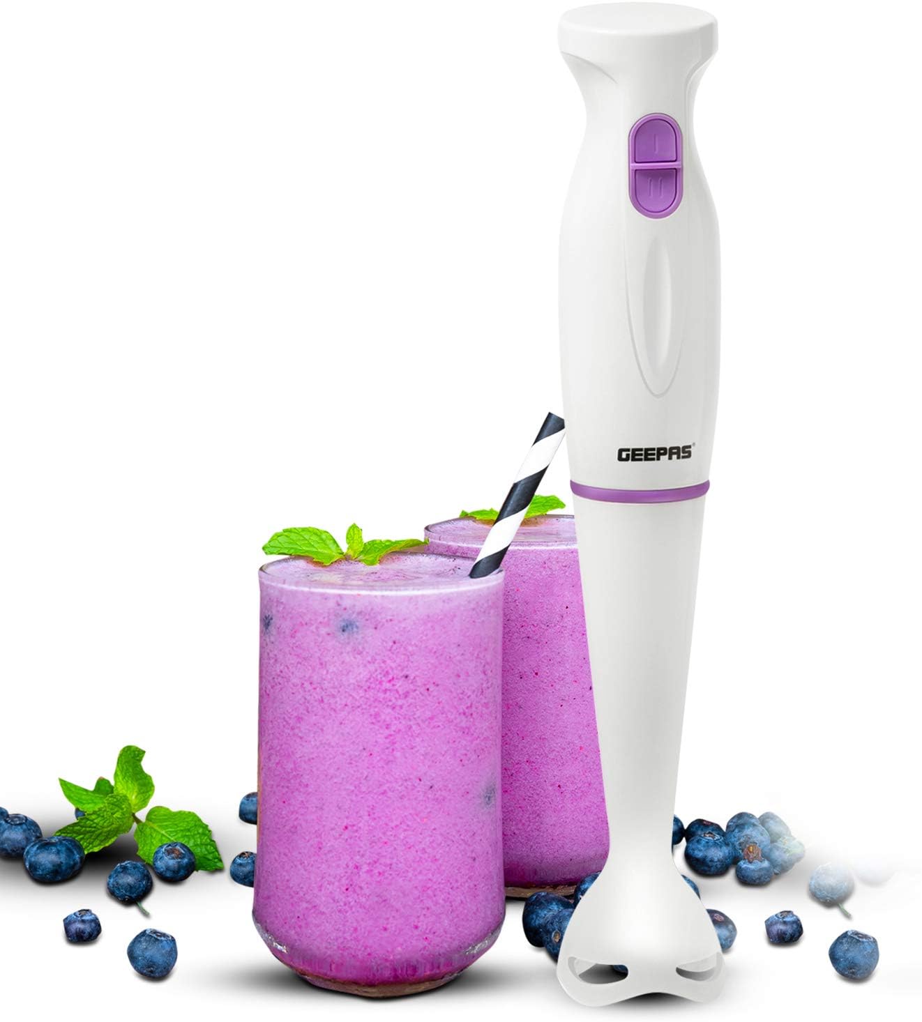 Geepas 200W Hand Blender | Food Collection Immersion Hand Blender | Ideal for Smoothies, Shakes, Baby Food, Soup, Grinding Ingredients, Vegetables & Fruits - 2 Year Warranty (200W - Purple)