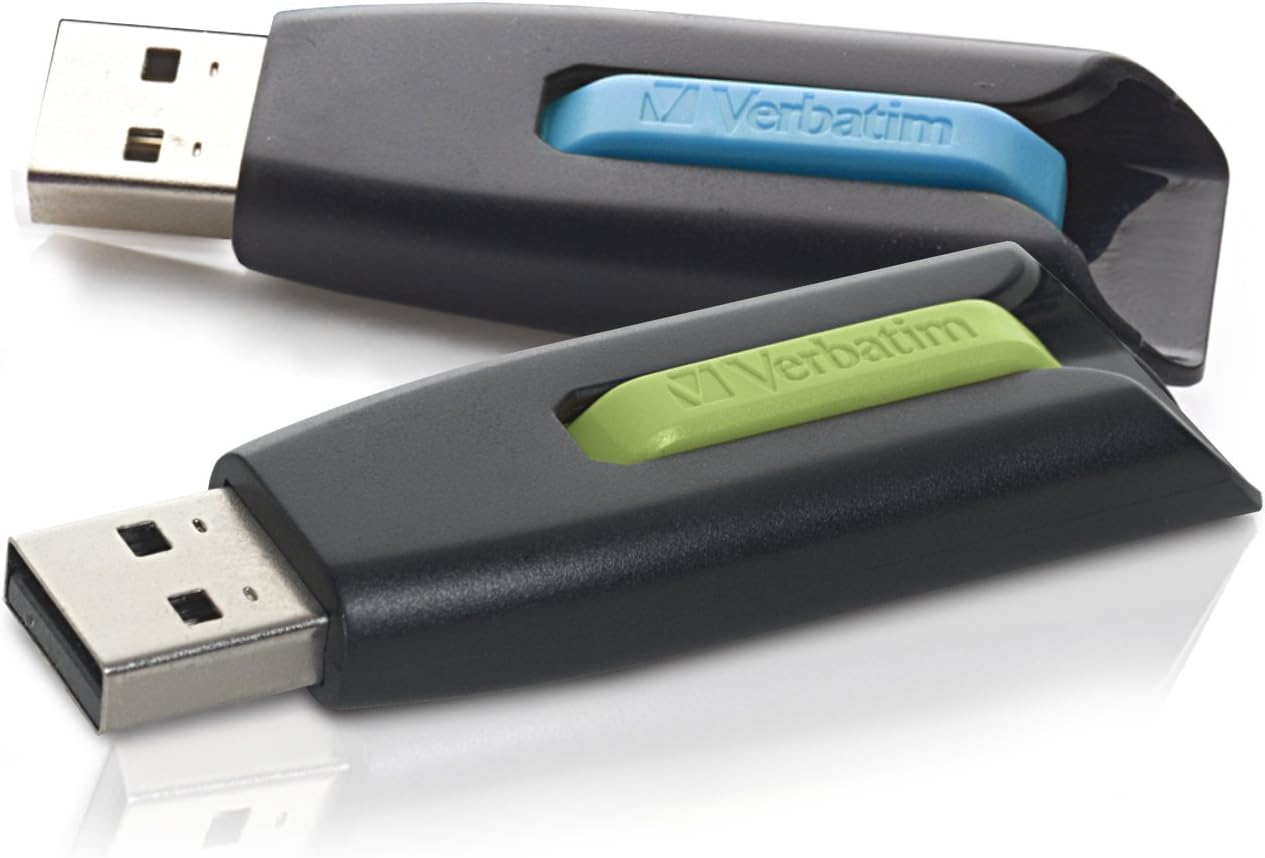 Verbatim 32GB USB 3.0 Store 'n' Go V3 Flash Drive - Cap-Less & PC/Mac Compatible - 2 Pack - Blue, Green (99127)