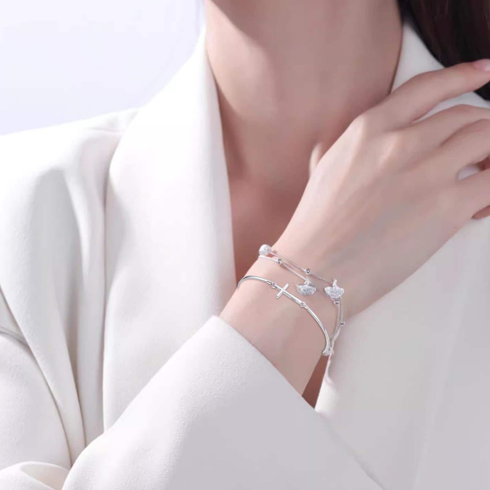 Bracciale da donna con croce in argento Sterling 925, con croce cristiana, ideale come regalo per fidanzate, donne, ragazze, mamma, 6.00 cm, Argento sterling